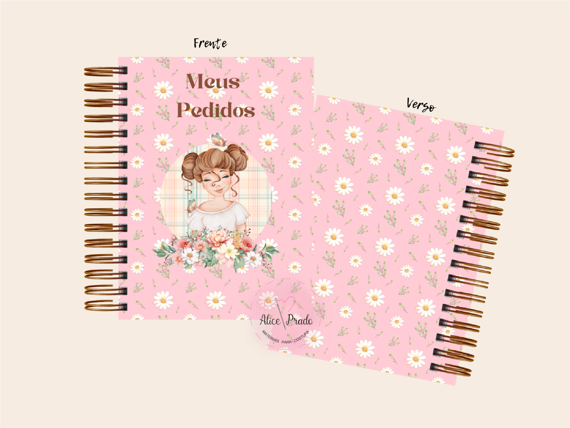 Caderno rosa com flores e desenho de menina na capa, texto Meus Pedidos