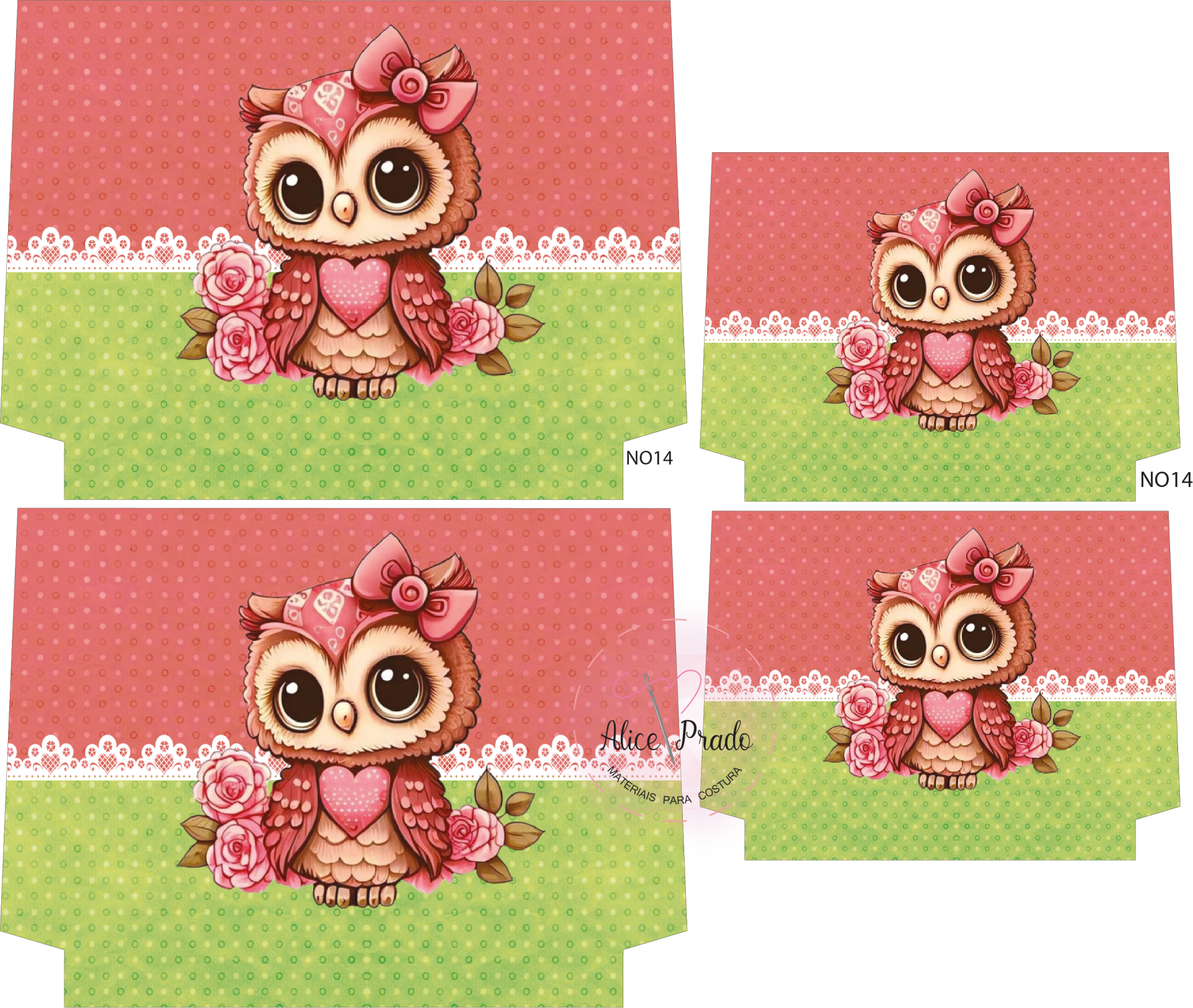 Conjunto de caixas de cartão com desenho de coruja cor-de-rosa e flores, fundo rosa e verde