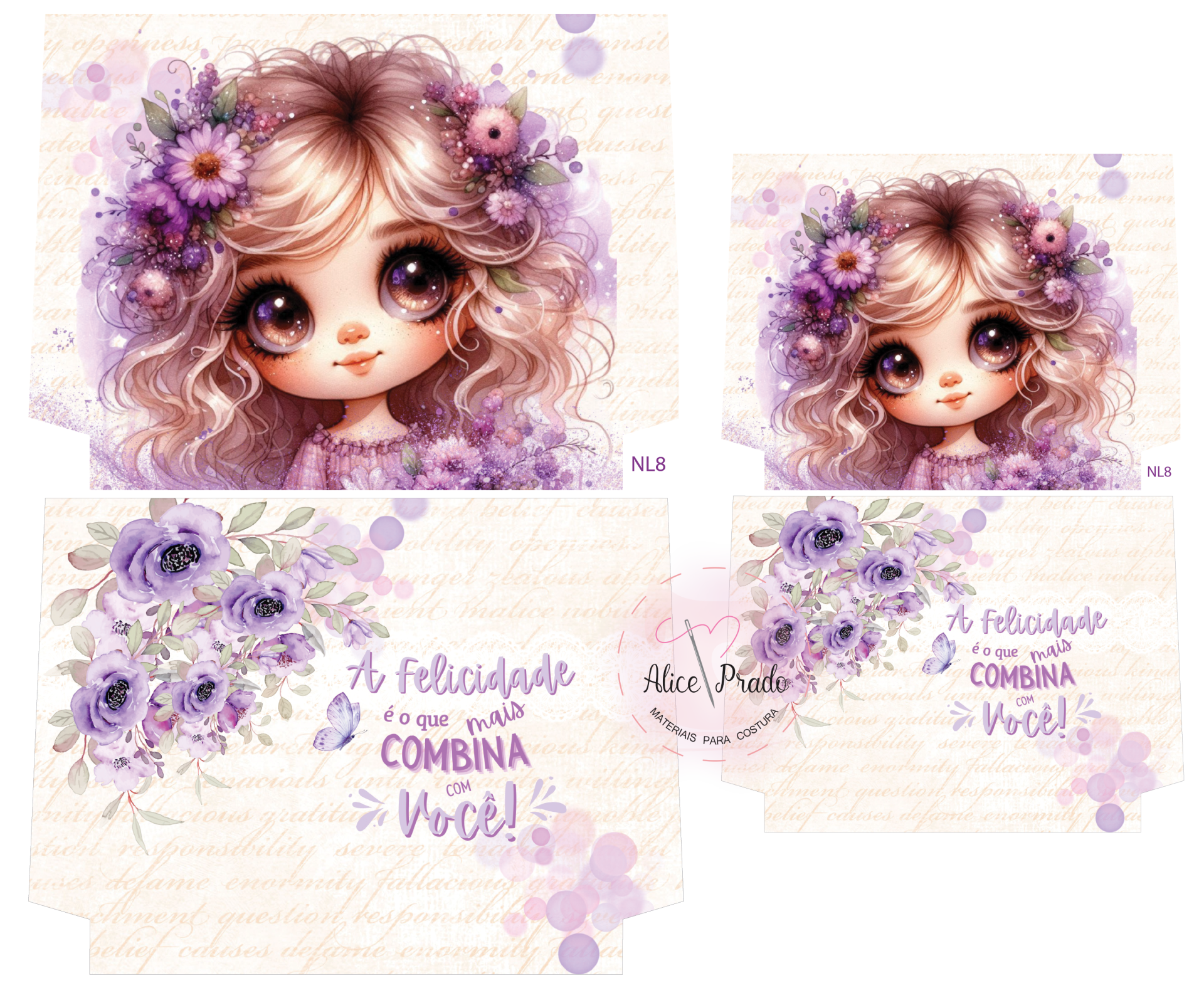 Caixa de presente ilustrada com menina e flores lilases, texto motivacional em português