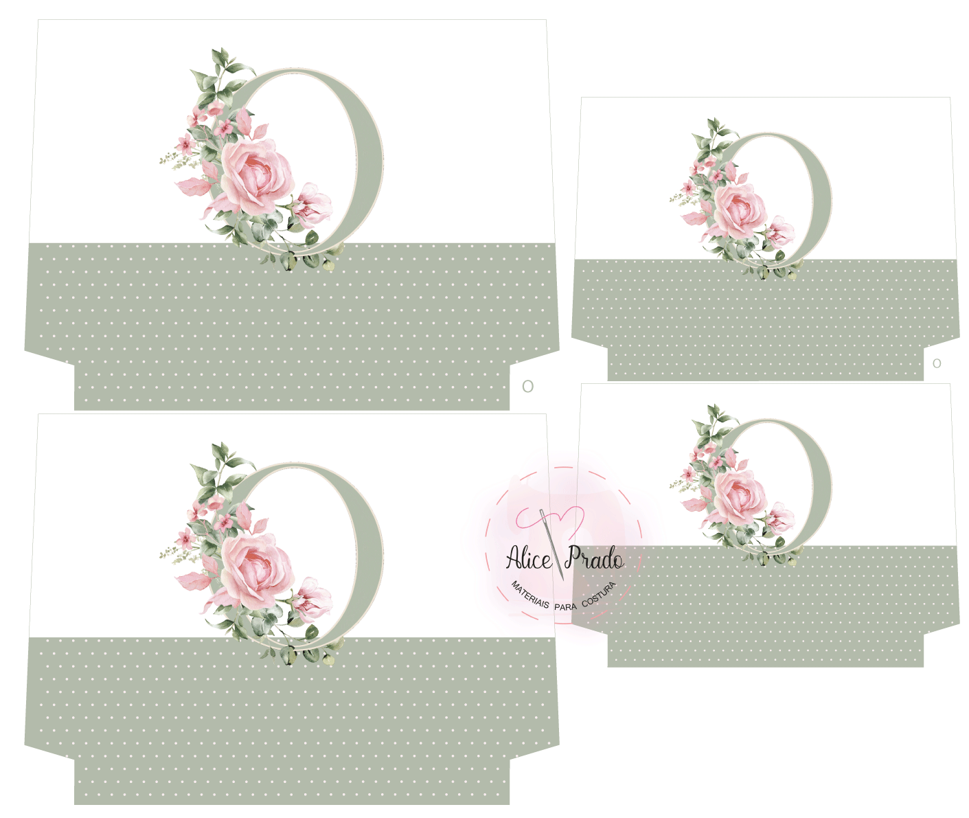 Embalagens de papel com decoração floral e letra O