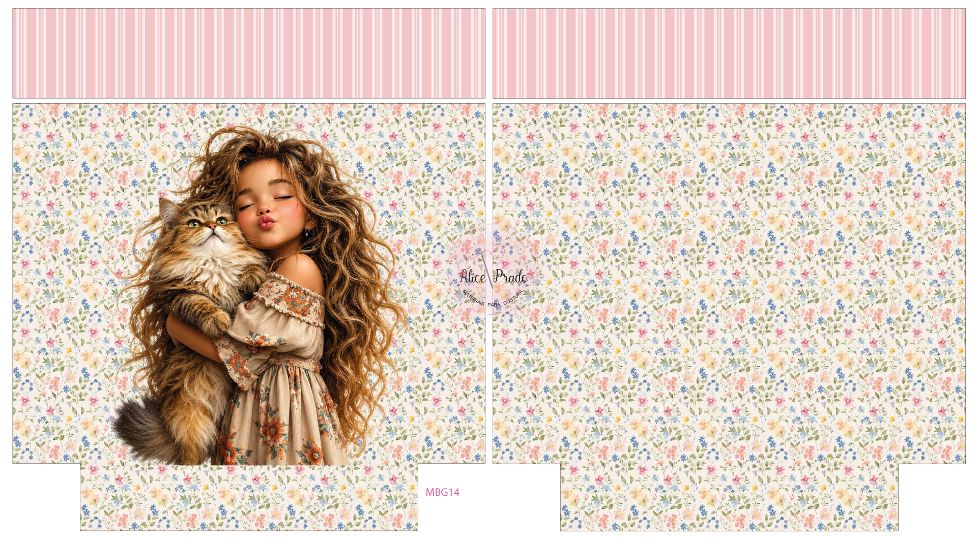 tecido floral com imagem de menina e gato e texto Alice Prado