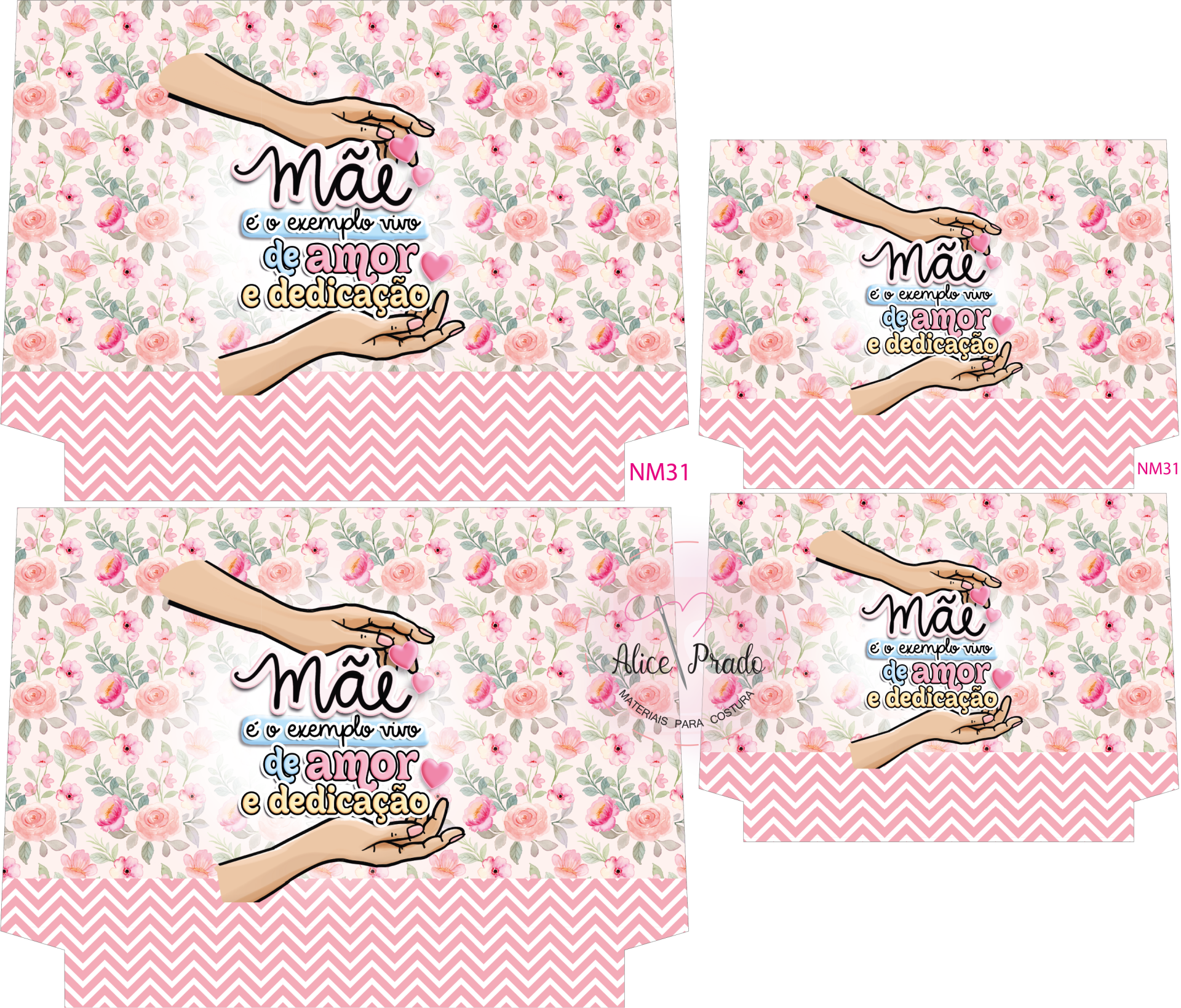 Caixas de papel decoradas com fundo floral e texto dedicado a mãe em português.