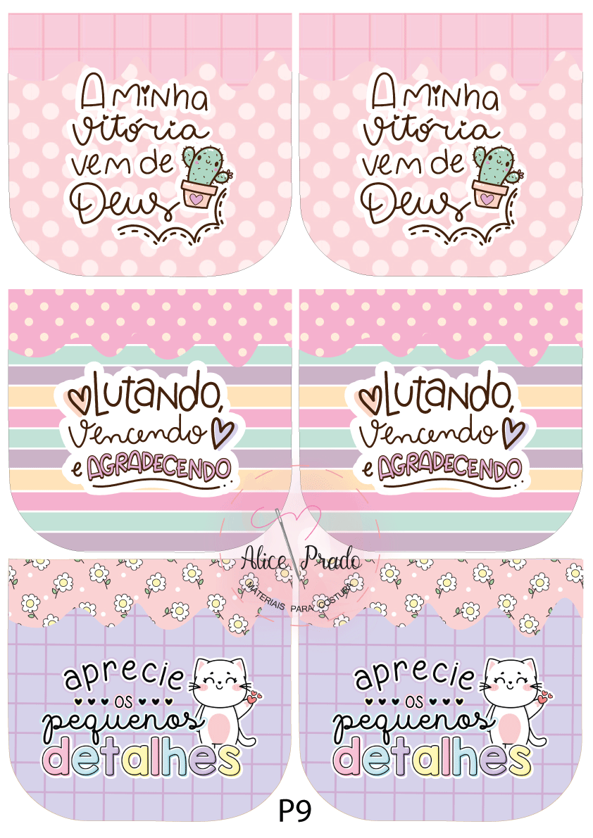 Adesivos coloridos com textos motivacionais em português e ilustrações de cacto e gato