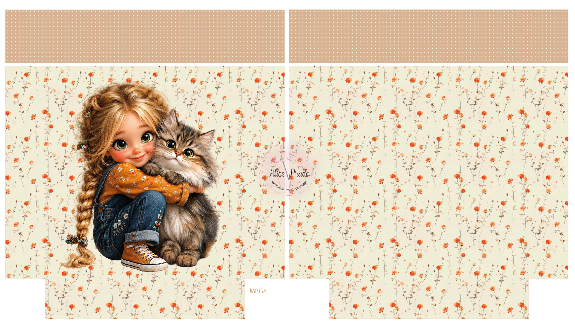 Painel tecido estampado com menina e gato em fundo floral creme e laranja