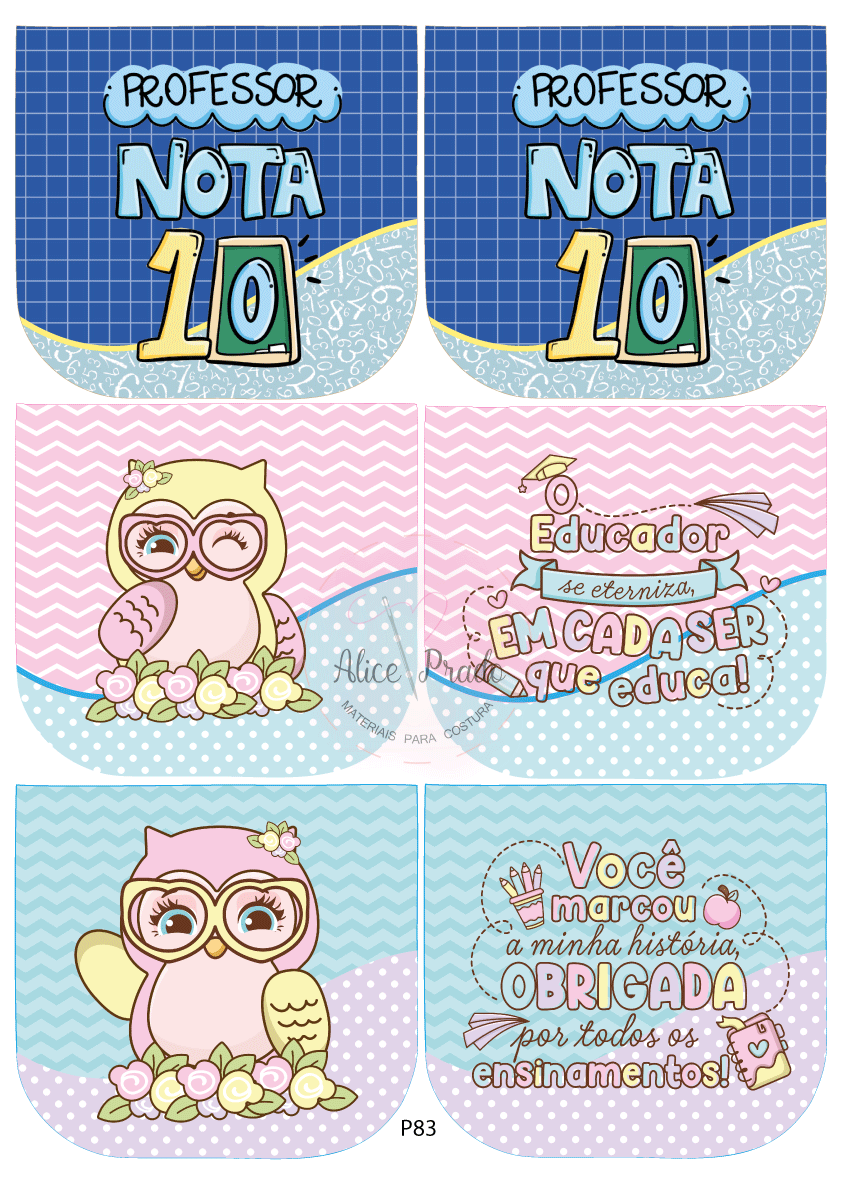 Seis ilustrações com textos de agradecimento a professores, corujas coloridas e padrões em fundo azul, rosa e cores suaves.