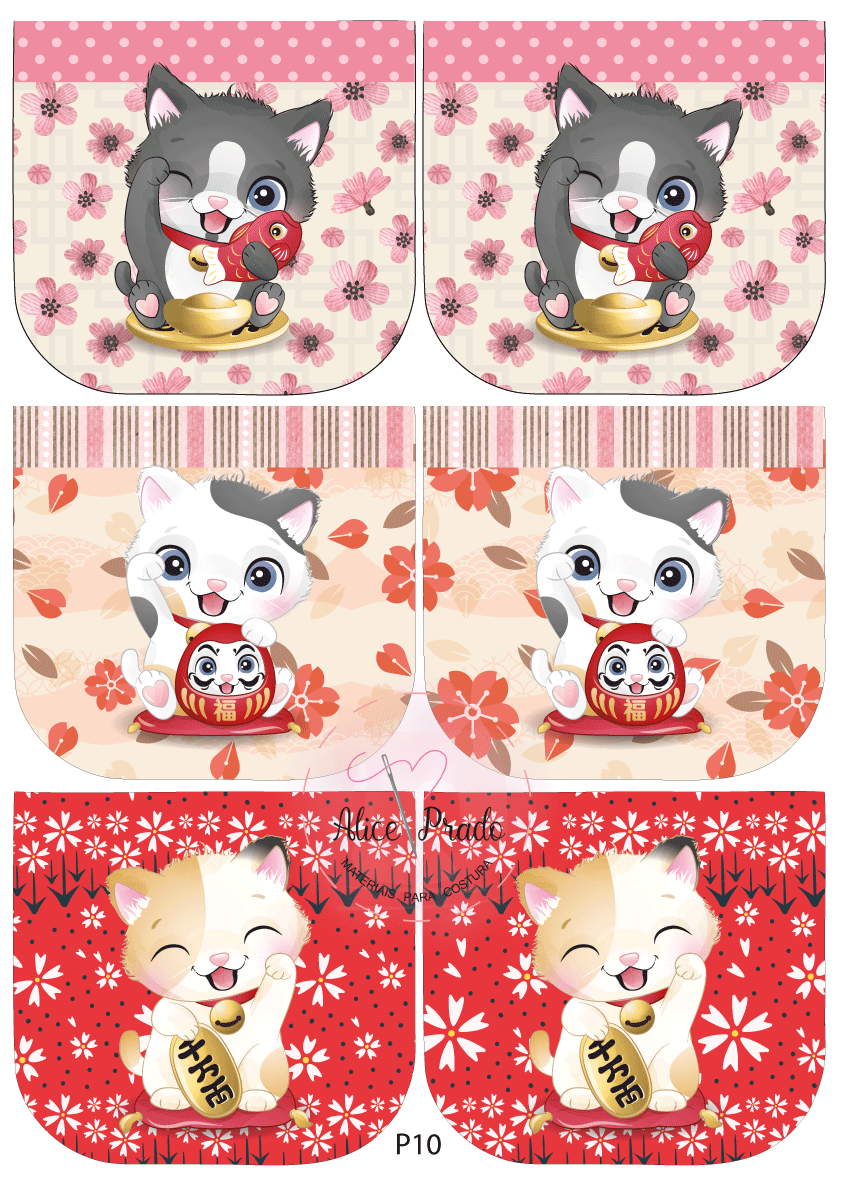 Seis estampas de gatos animados em fundos florais, cada par com o mesmo desenho em cores e elementos semelhantes.