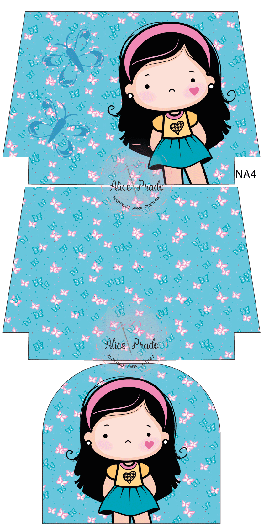 Padrão de tecido azul claro com borboletas e menina com cabelo preto e vestido azul e amarelo.