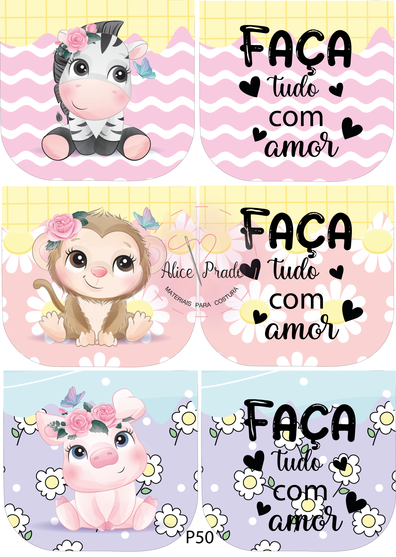 Etiquetas decorativas com animais bebés e texto motivacional em português