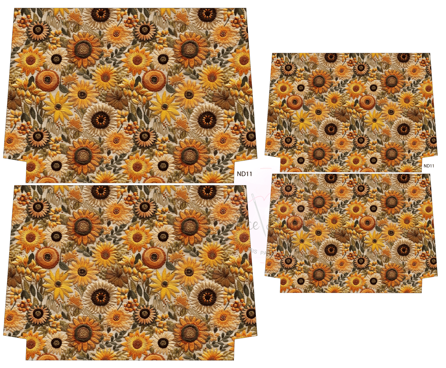 Tecido estampado com girassóis em amarelo, laranja e castanho com folhas verdes, cortes com etiquetas ND11 e M011