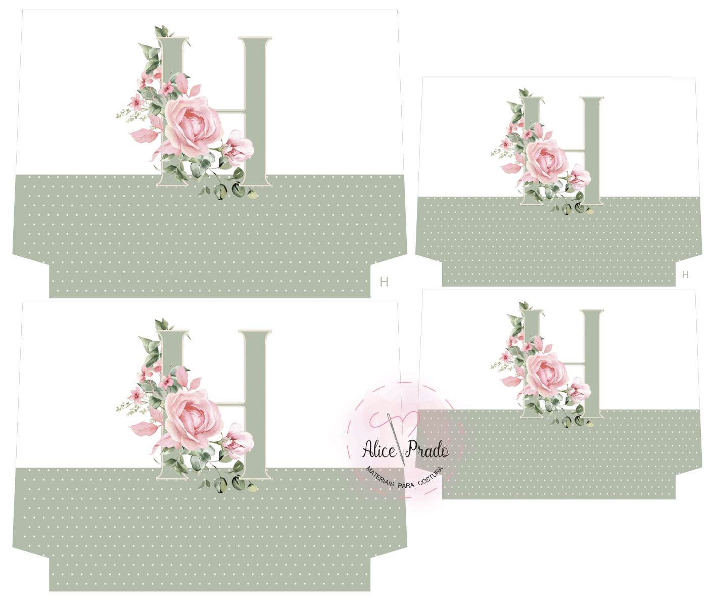 embalagens em papel decoradas com flores rosas e letra H em fundo branco