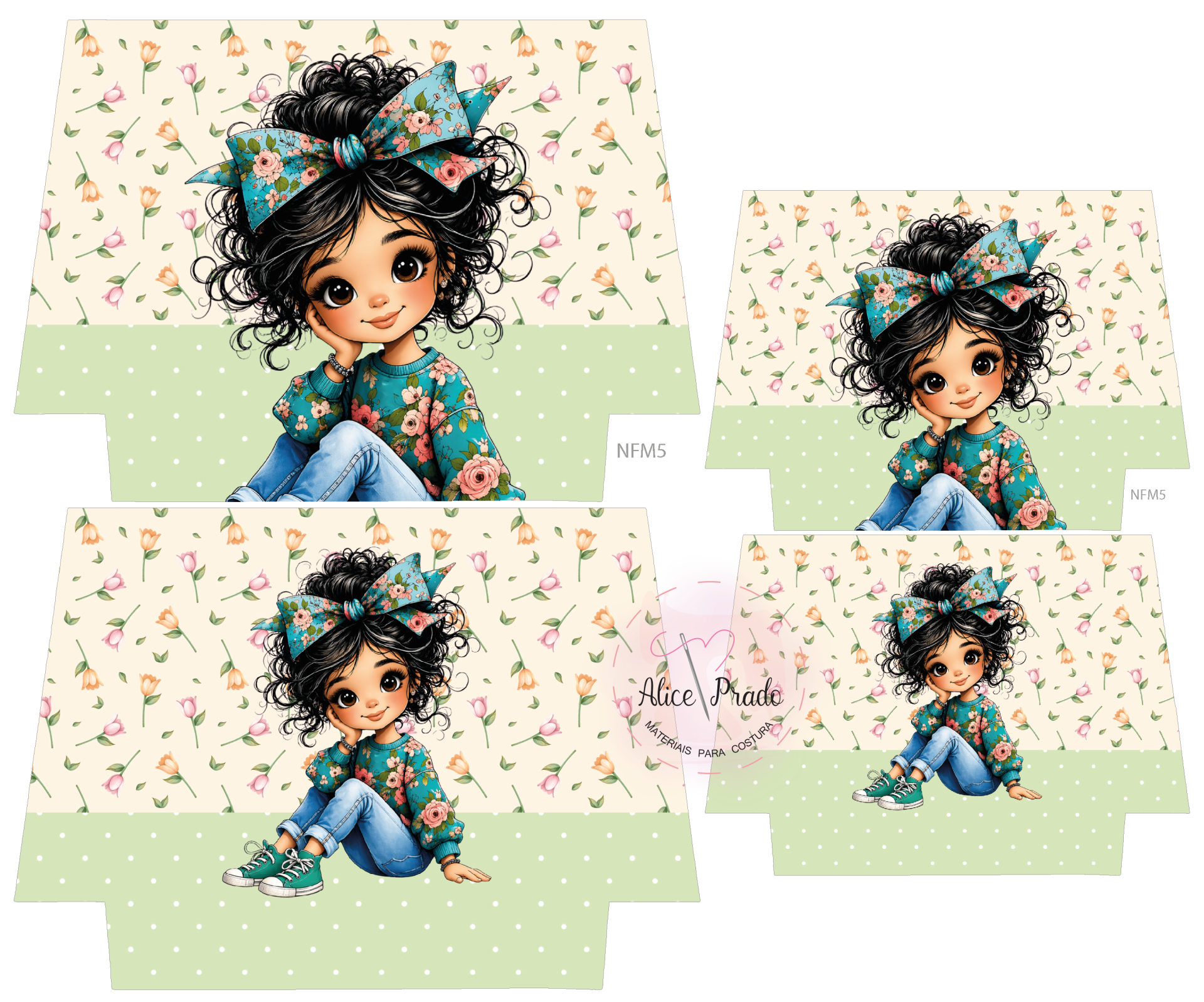 Molde caixa decorativa com desenho de menina de cabelo cacheado e roupa floral em fundo verde com bolinhas e flores