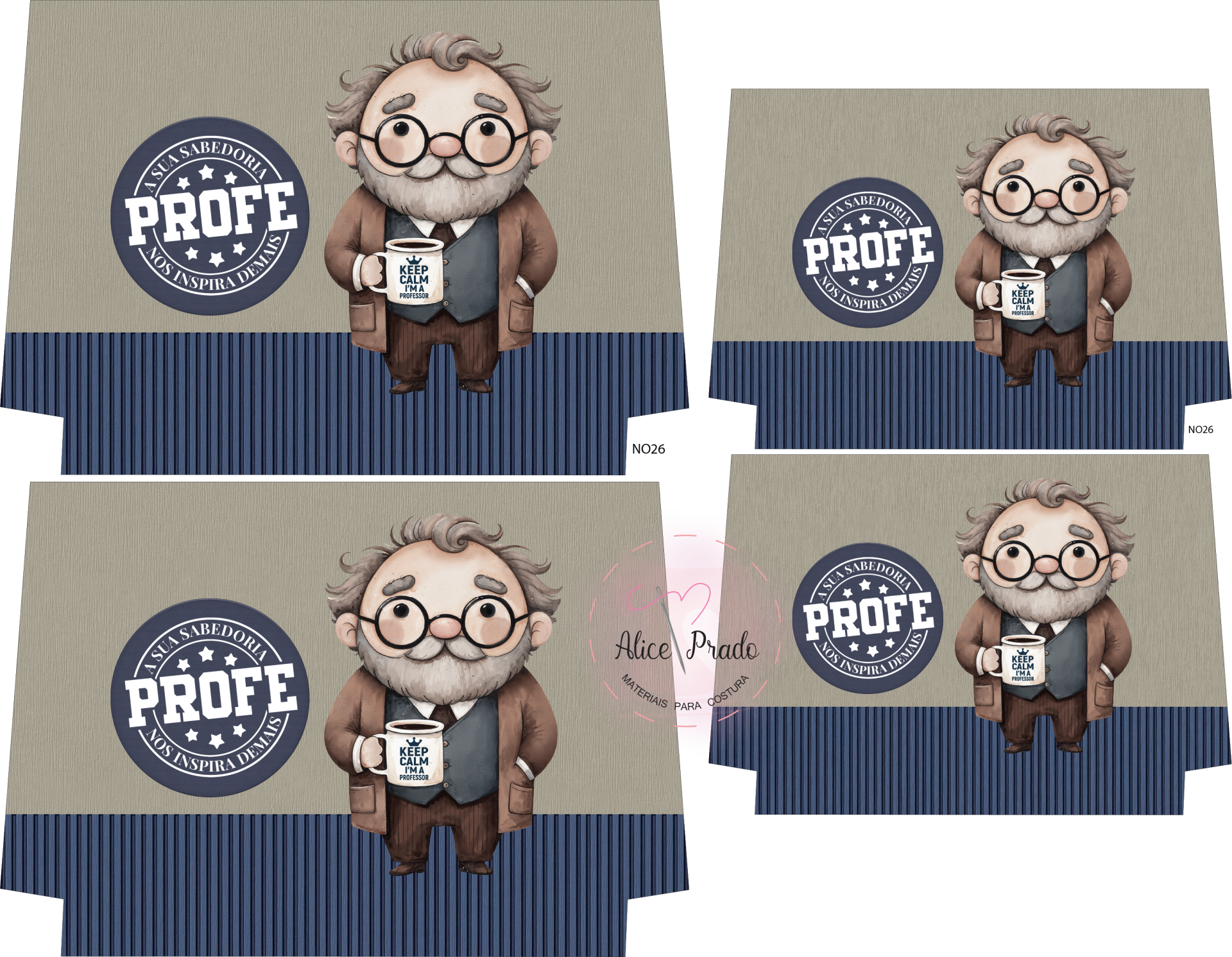 Cartões com caricatura de homem idoso e selo com texto PROFE