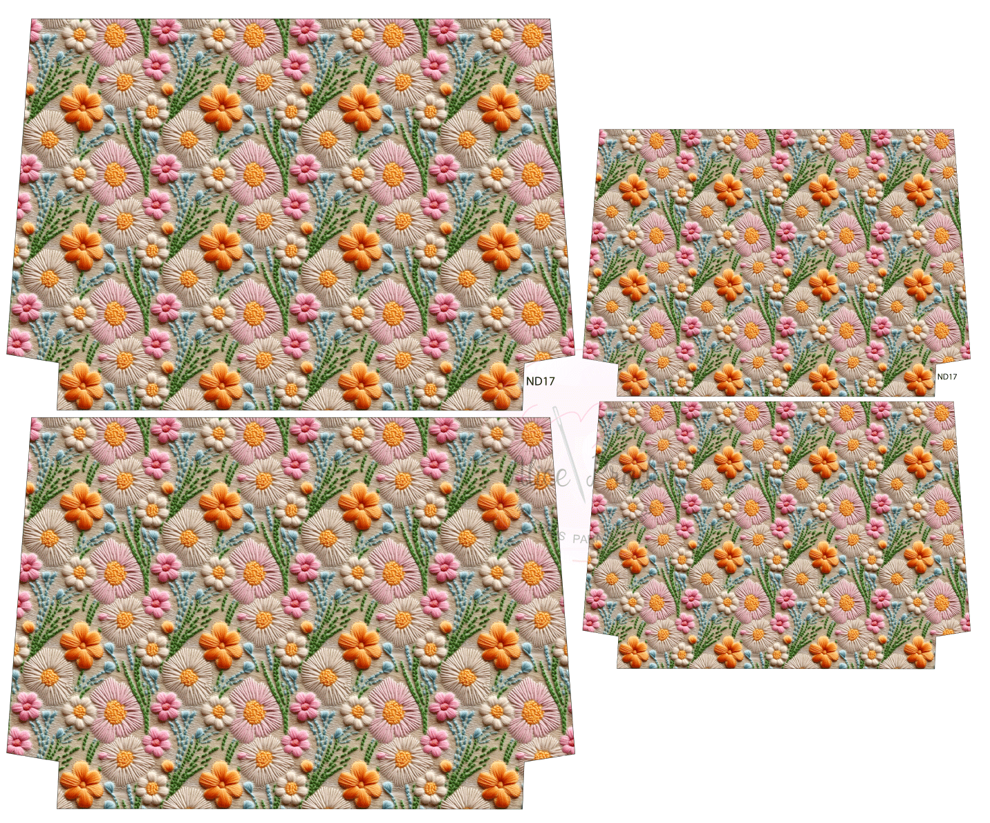 tecido com padrão floral colorido e etiquetas ND17