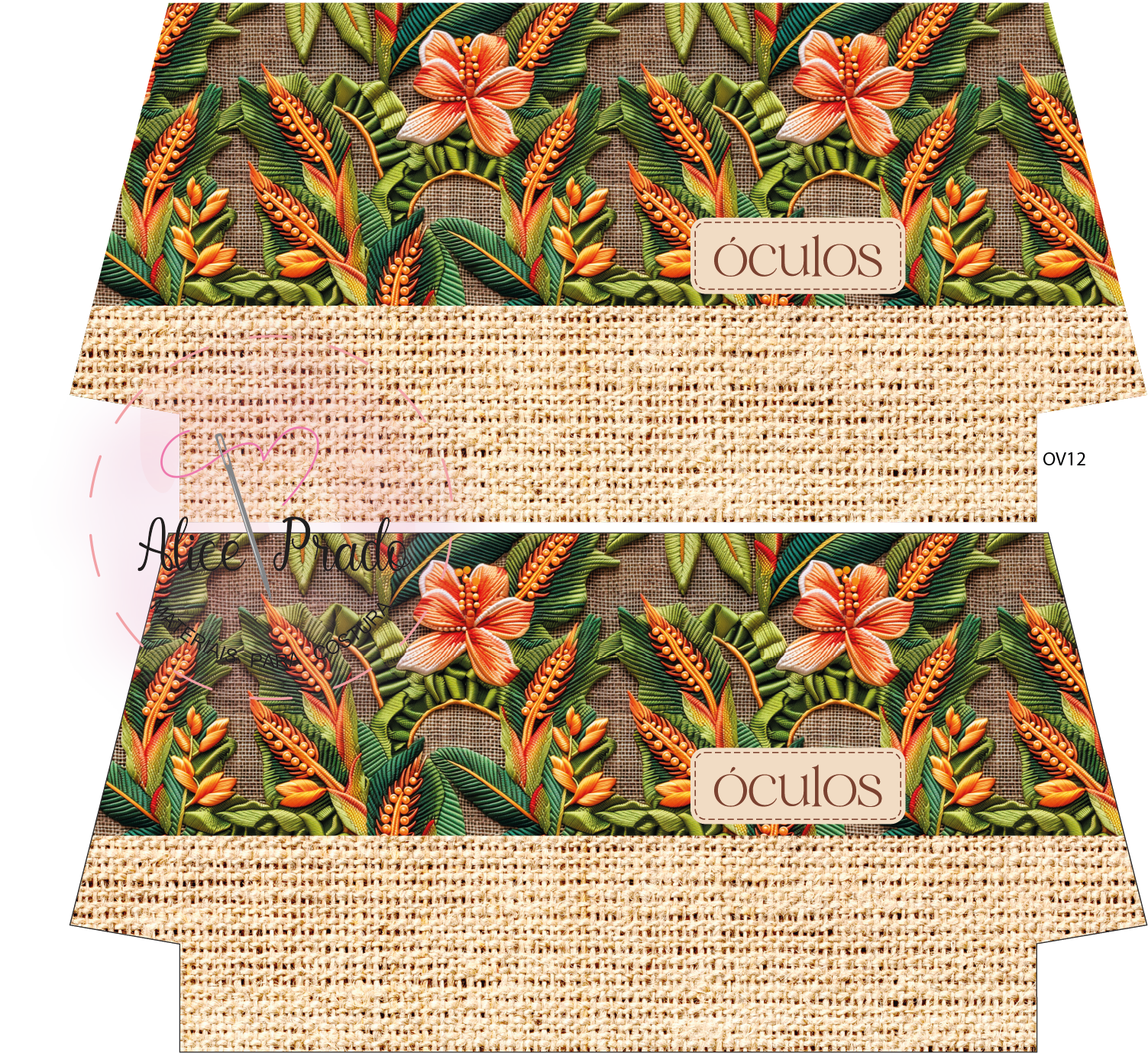 Embalagem para óculos com padrão floral e textura de ráfia