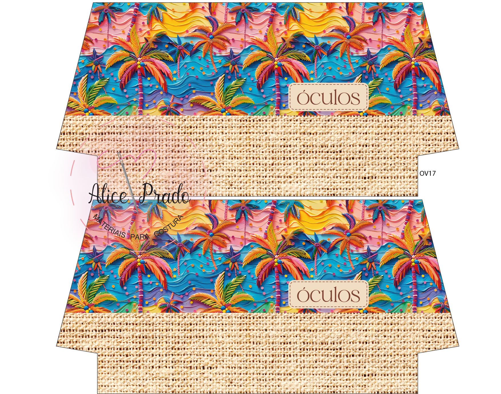 Embalagem para óculos com padrão colorido de palmeiras e textura de ráfia