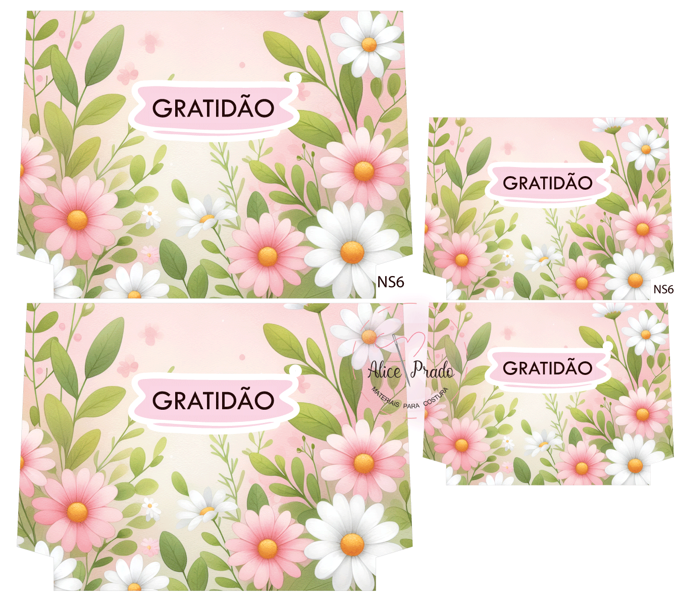 Caixas decorativas com flores e palavra 'GRATIDÃO' em rosa e verde