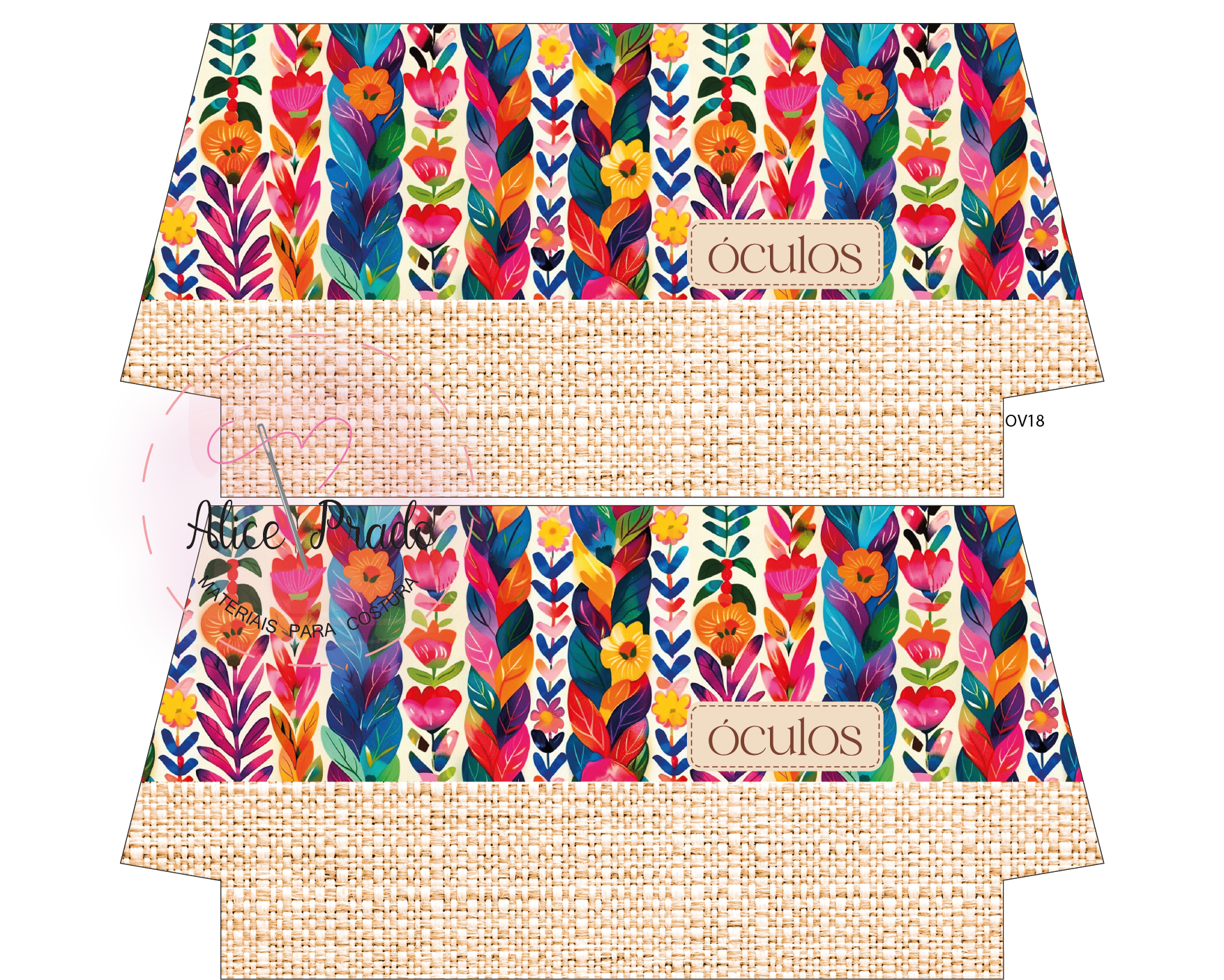 Embalagem colorida para óculos com padrão floral e texto ÓCULOS