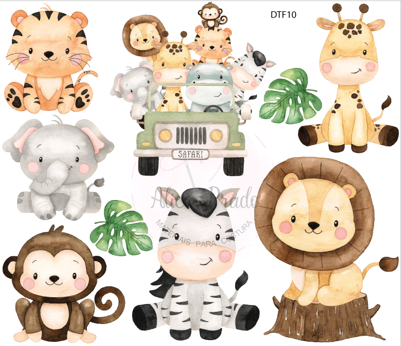 Ilustrações digitais de animais de safari em tons pastel com viatura verde e folhas tropicais