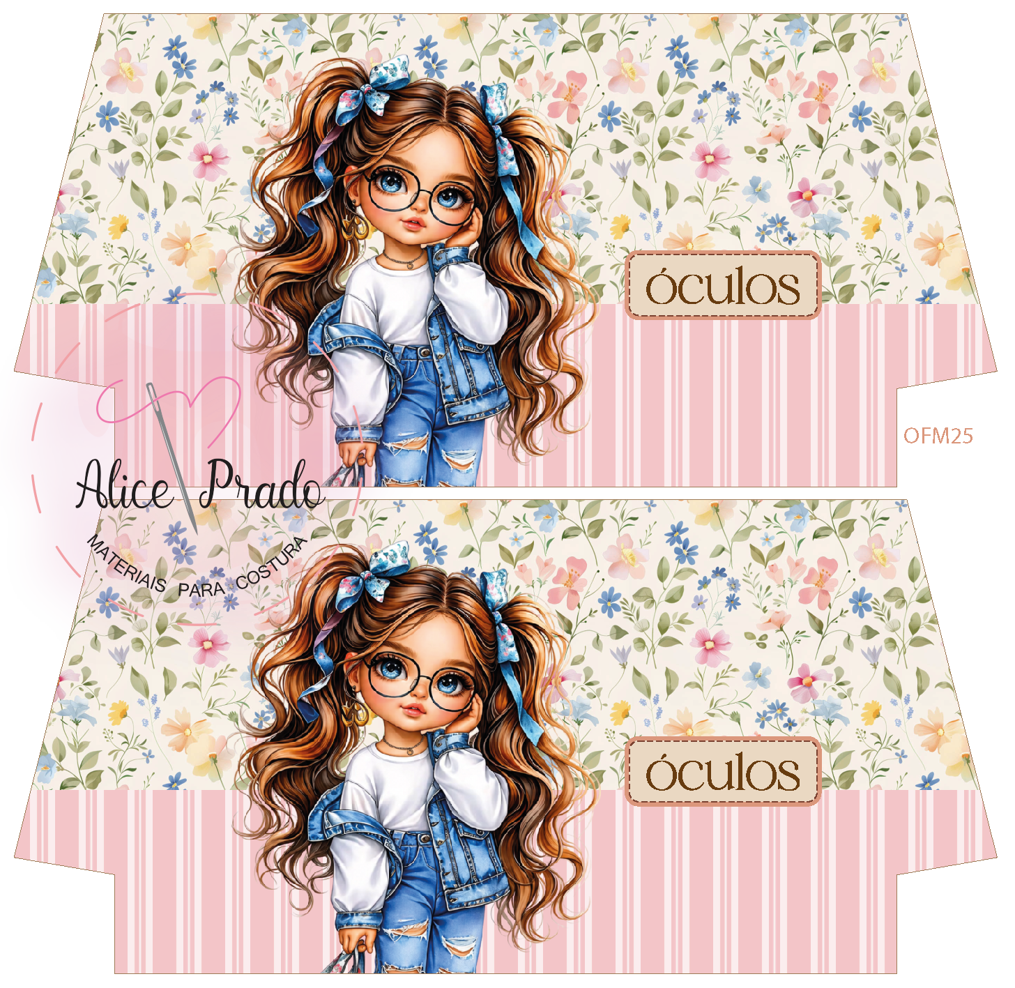 Tecido estampado com boneca de cabelo castanho, fundo floral e riscas. Texto óculos, Alice Prado e materiais para costura.