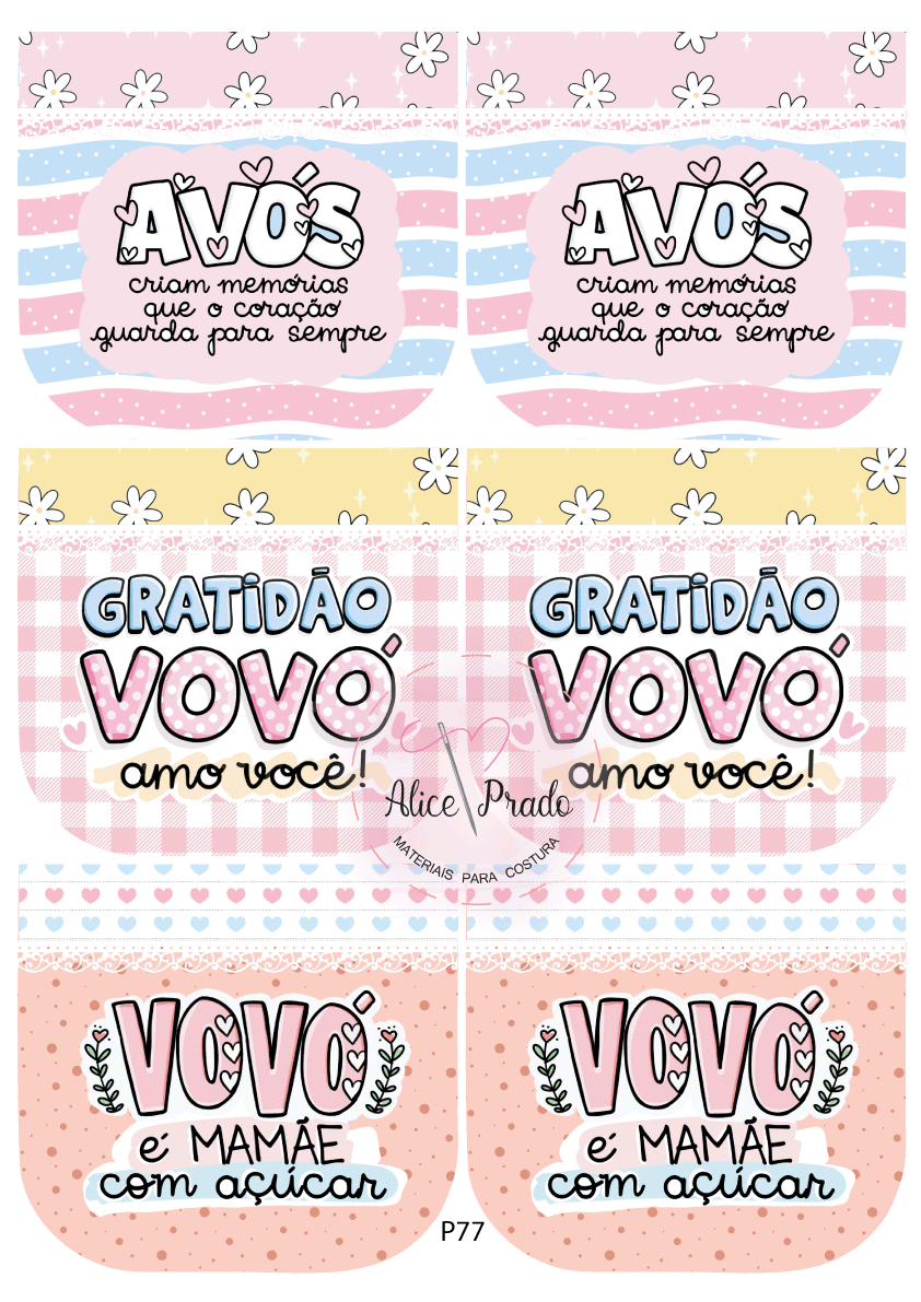 Estampas coloridas com frases carinhosas para avós e vovós em rosa, azul e amarelo, com padrões florais e de corações