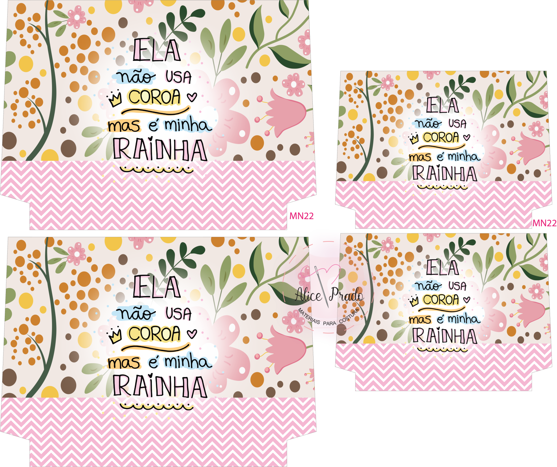 Bolsas de papel com padrão floral, texto motivacional e base rosa com ziguezague branco