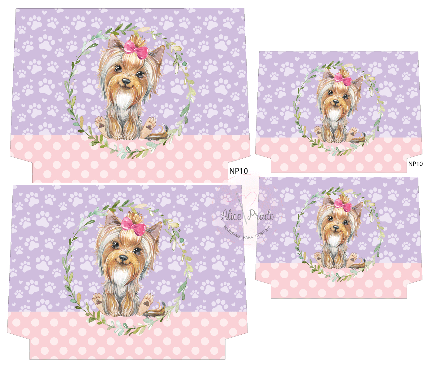 Quatro caixas decorativas com estampa de patas de cão lilás e bolinhas rosa, com ilustração de Yorkshire Terrier com flores na cabeça
