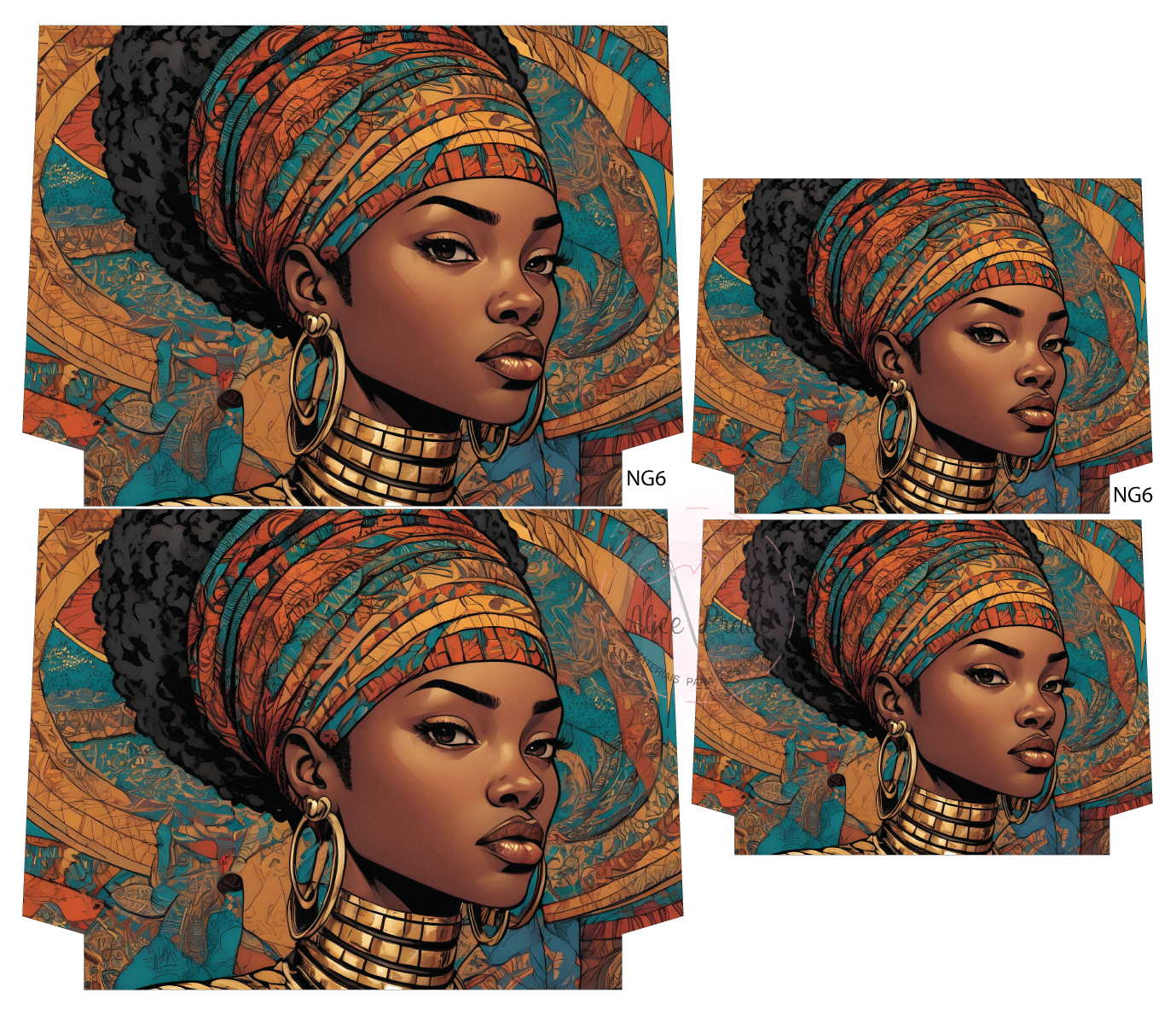 Retrato digital de mulher afro com turbante colorido e joias douradas