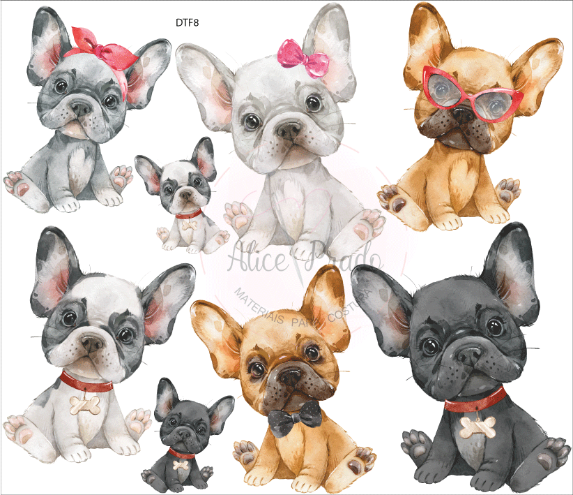 Ilustrações coloridas de oito cães bulldog francês com acessórios diversos sobre fundo branco