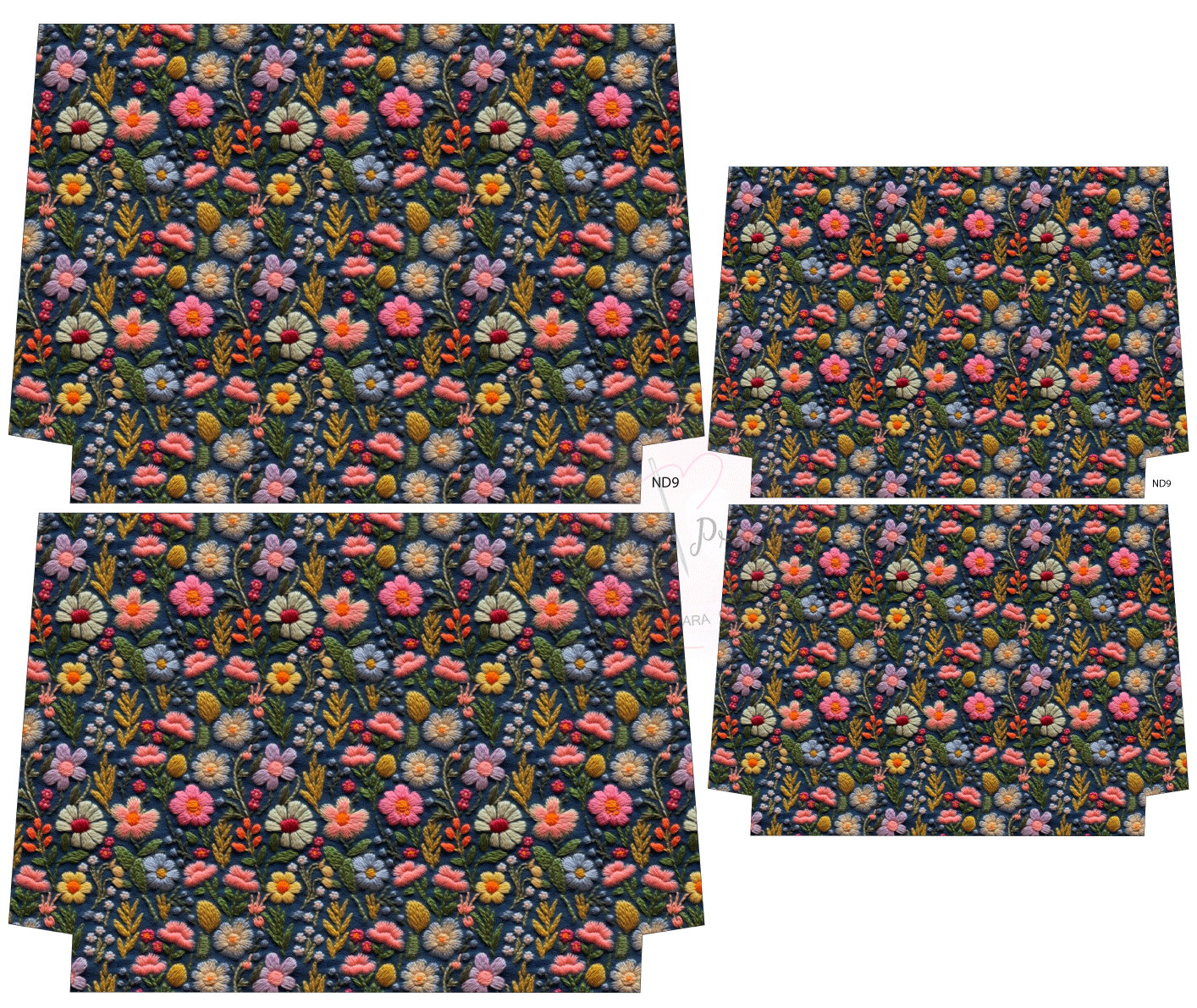 Tecidos com padrão floral colorido sobre fundo preto