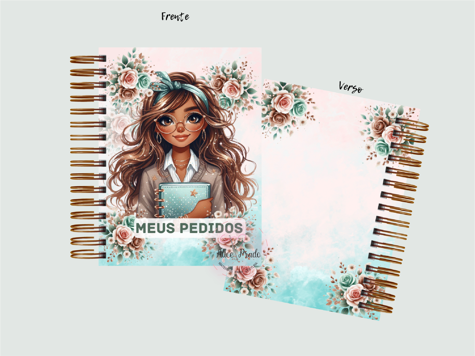 Cadernos com capa ilustrada de rapariga e padrão floral rosa e azul