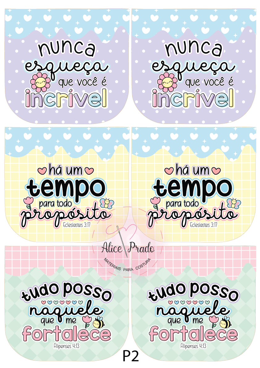 Etiquetas coloridas com textos motivacionais em português e decorações de corações, flores e abelhas