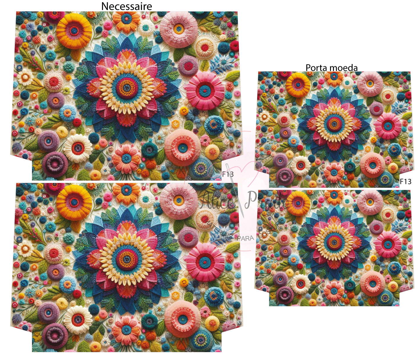 Necessaire e porta-moeda com padrão colorido floral em relevo