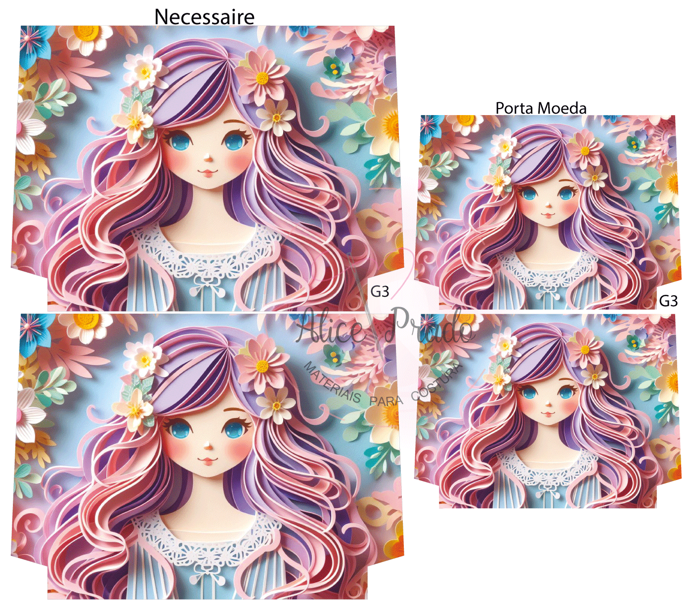 Necessaire e porta-moeda com ilustração de rapariga colorida e flores