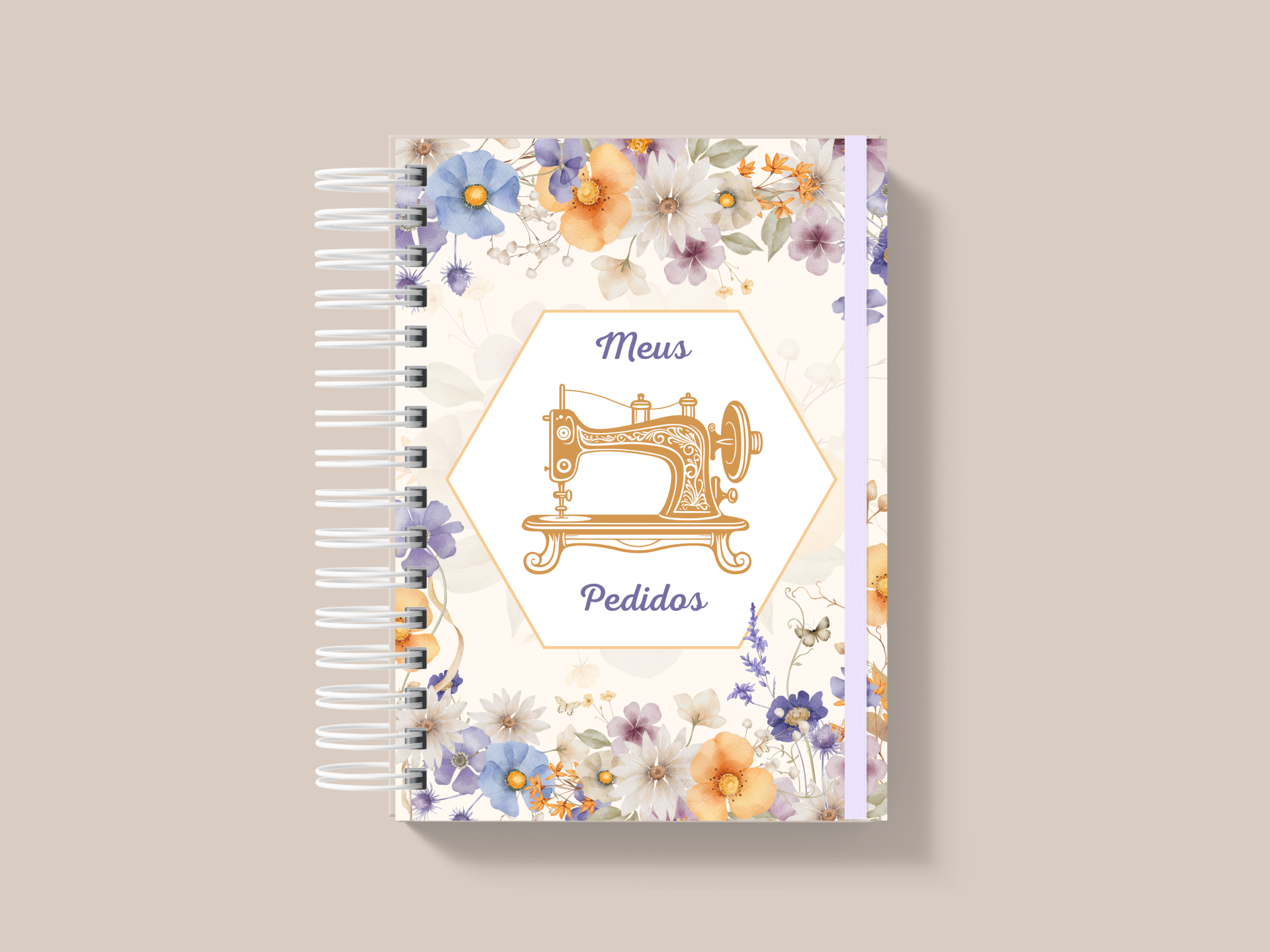 Caderno espiral decorado com flores e ilustração de máquina de costura