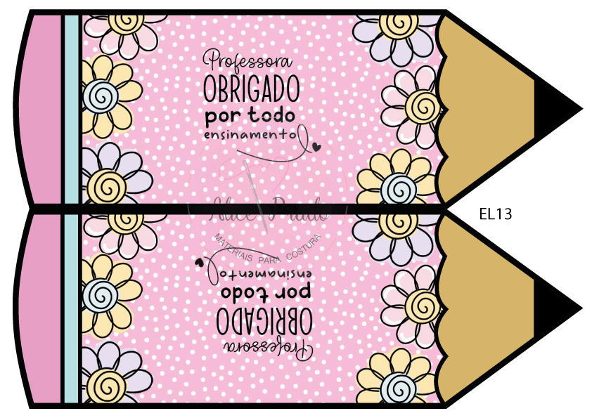 Ilustrações em forma de lápis rosa com flores amarelas e texto de agradecimento para professora