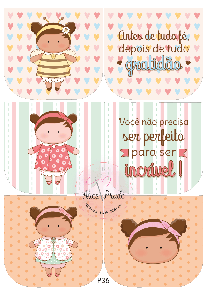 Ilustrações cor-de-rosa e amarelo de bonecas e textos inspiradores em português com fundo de corações e listras