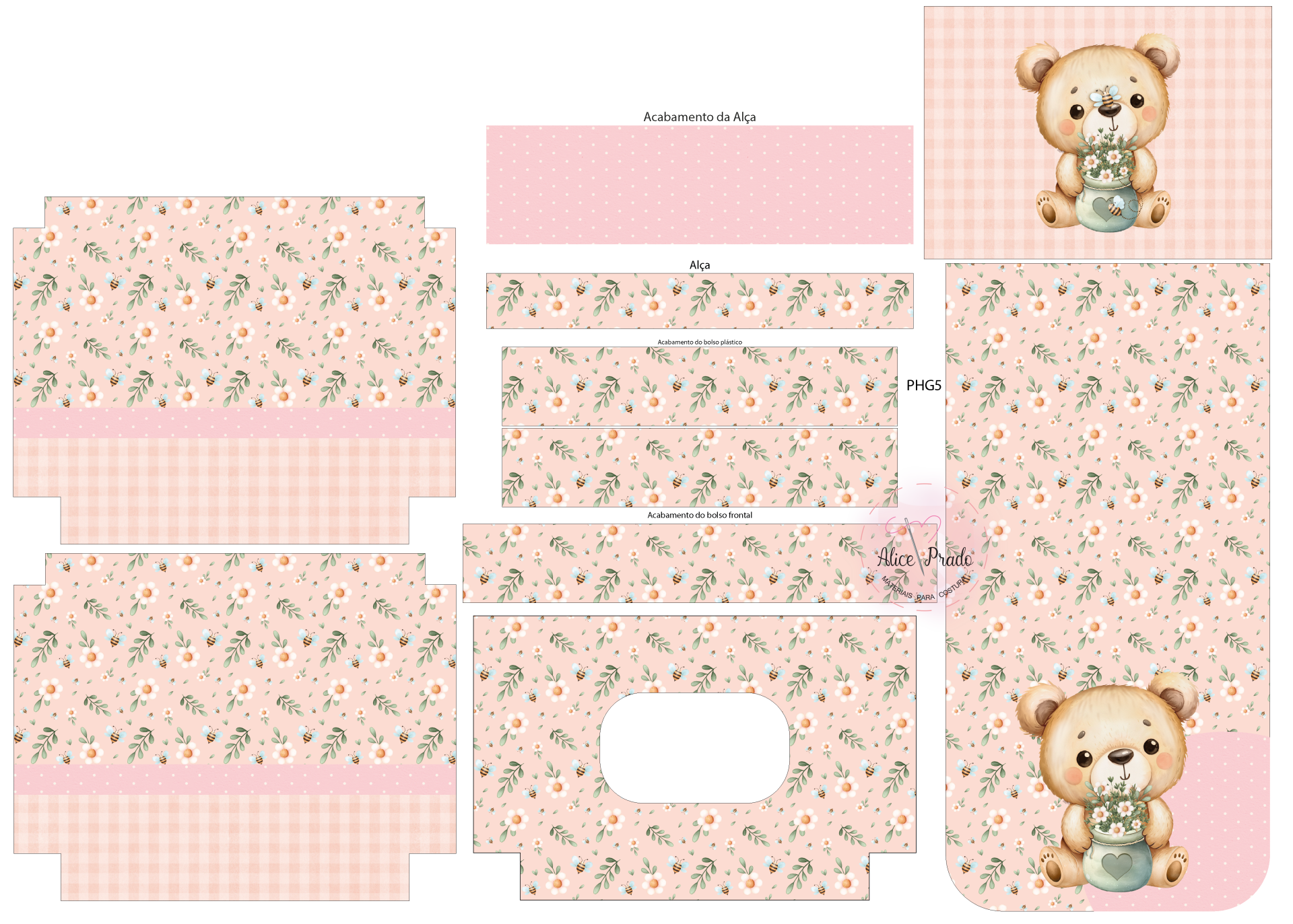 Moldes de tecido com padrão floral rosa e desenho de urso com flores