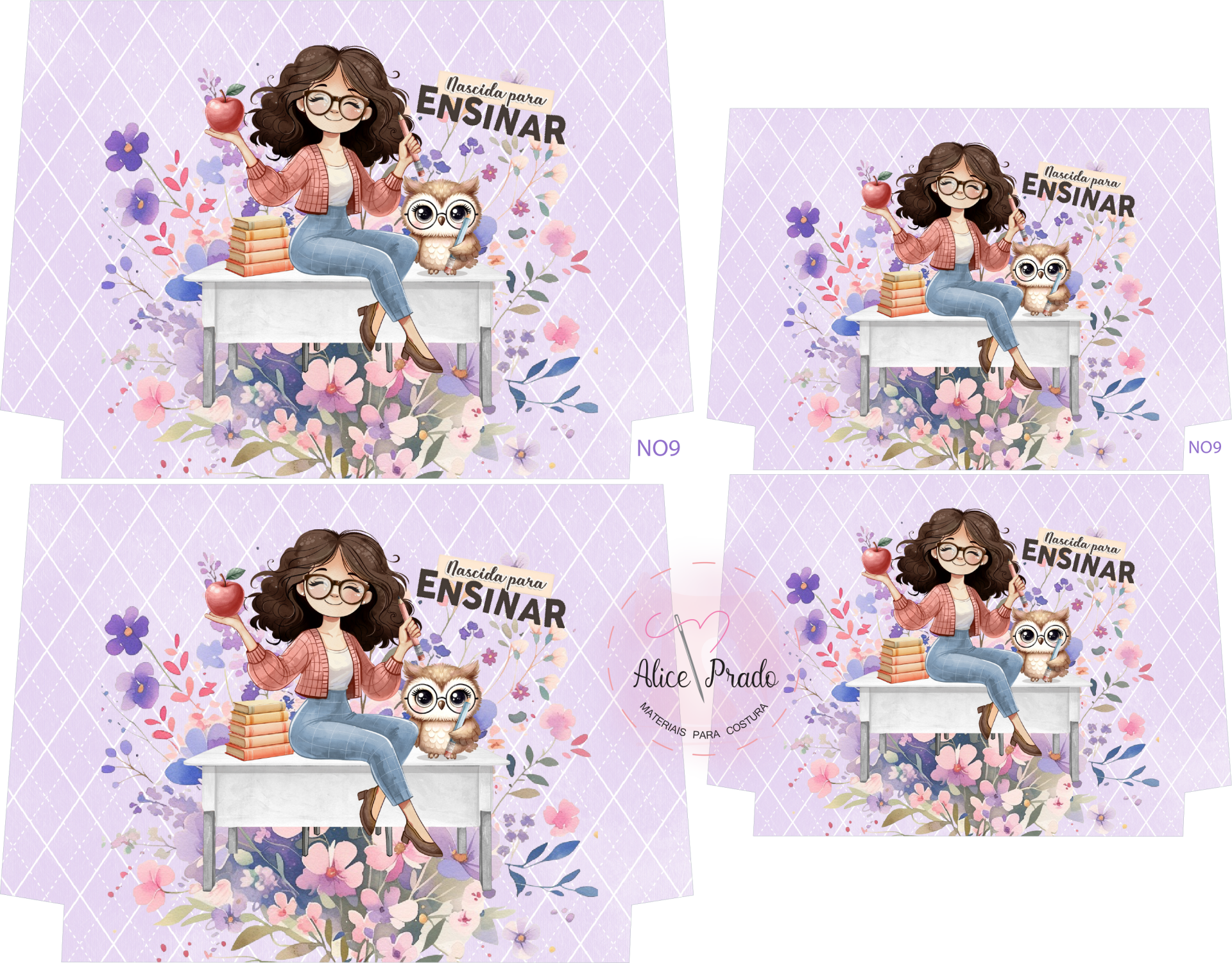 Ilustração de mulher sentada numa secretária com gato, livros, maçã e texto 'Hora de ENSINAR' sobre fundo lilás com flores