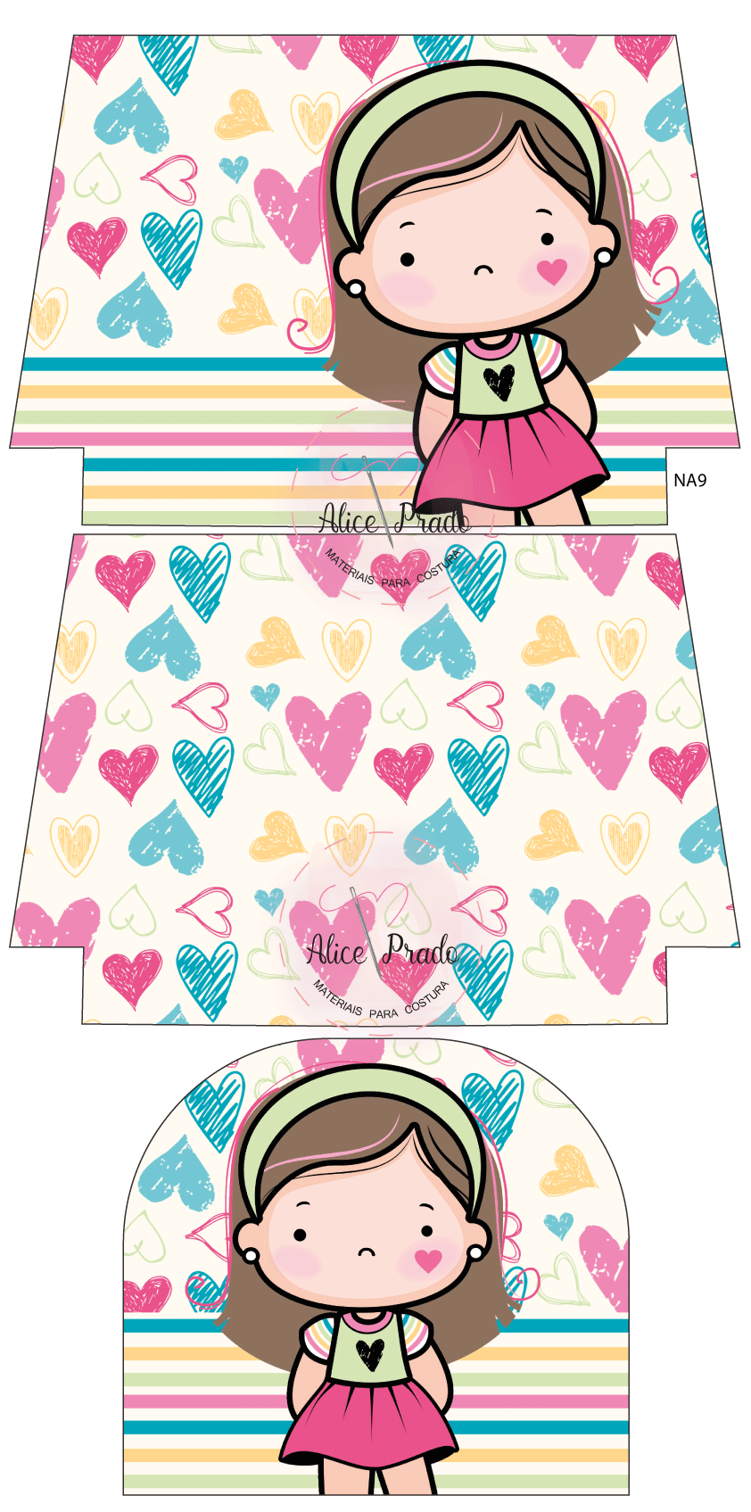 Moldes para caixa com padrão de corações coloridos e menina ilustrada