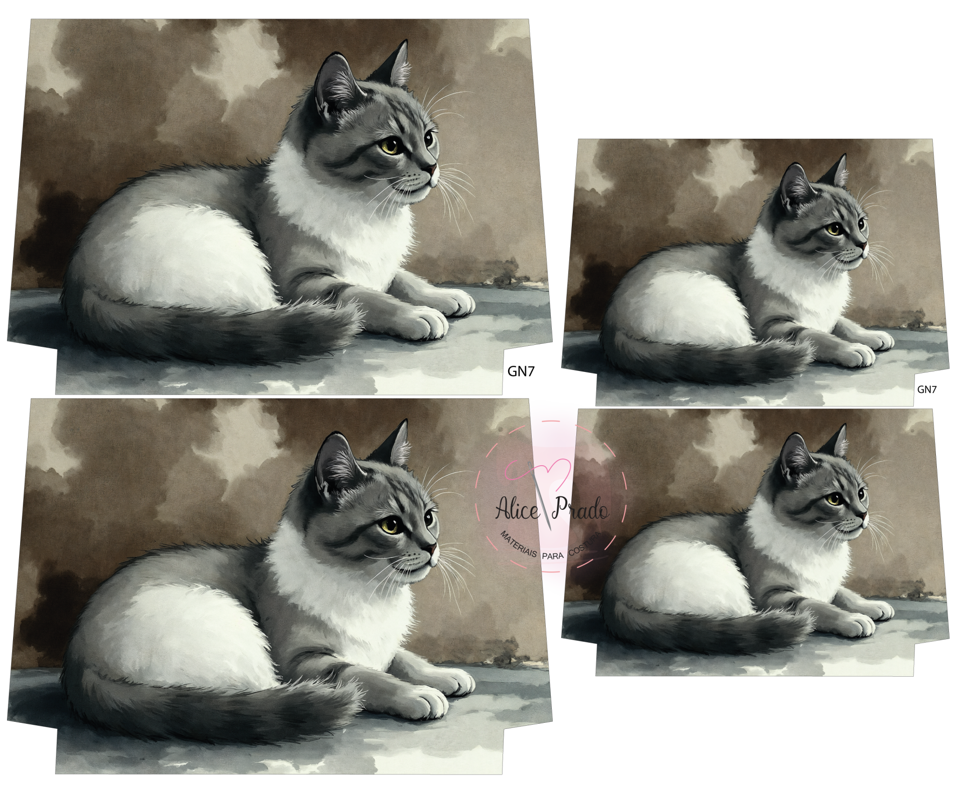 Estampas de gato cinza e branco para costura com fundo neutro e etiquetas visíveis
