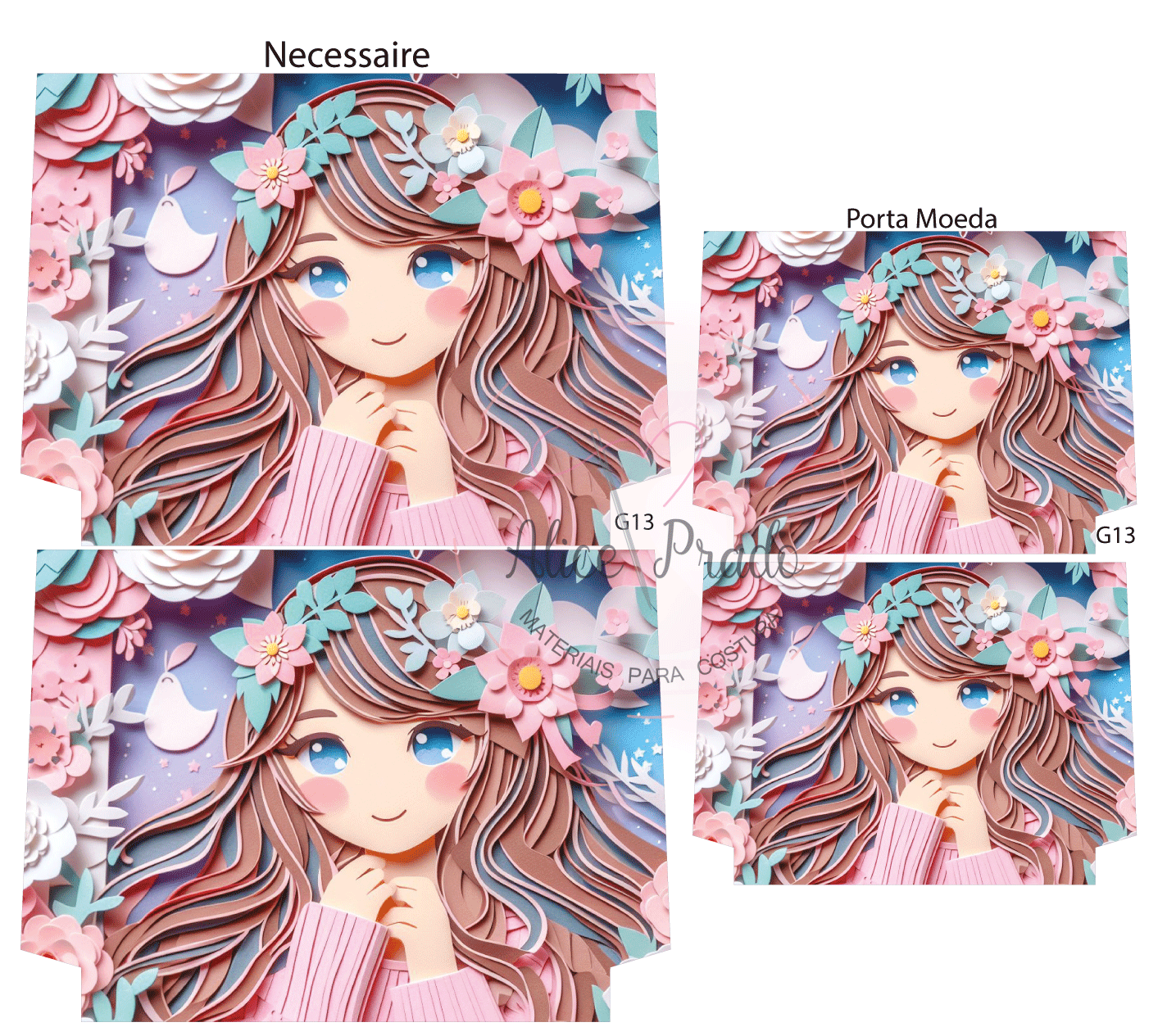 Artigos com estampa de menina em papel recortado, com flores e borboletas, texto NECESSAIRE e PORTA MOEDA