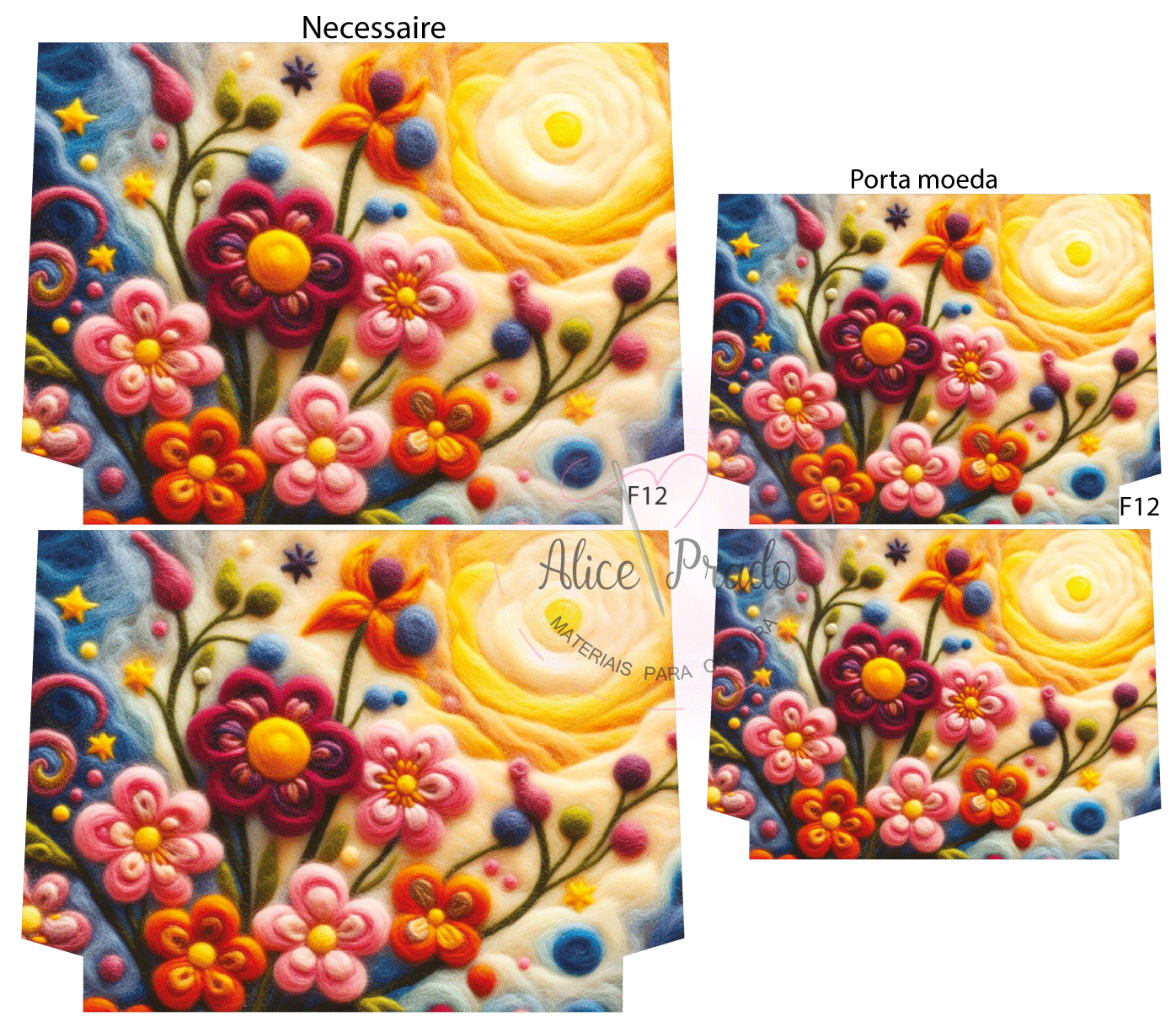 Necessaire e porta moeda com padrão felpudo de flores coloridas e fundo azul e amarelo