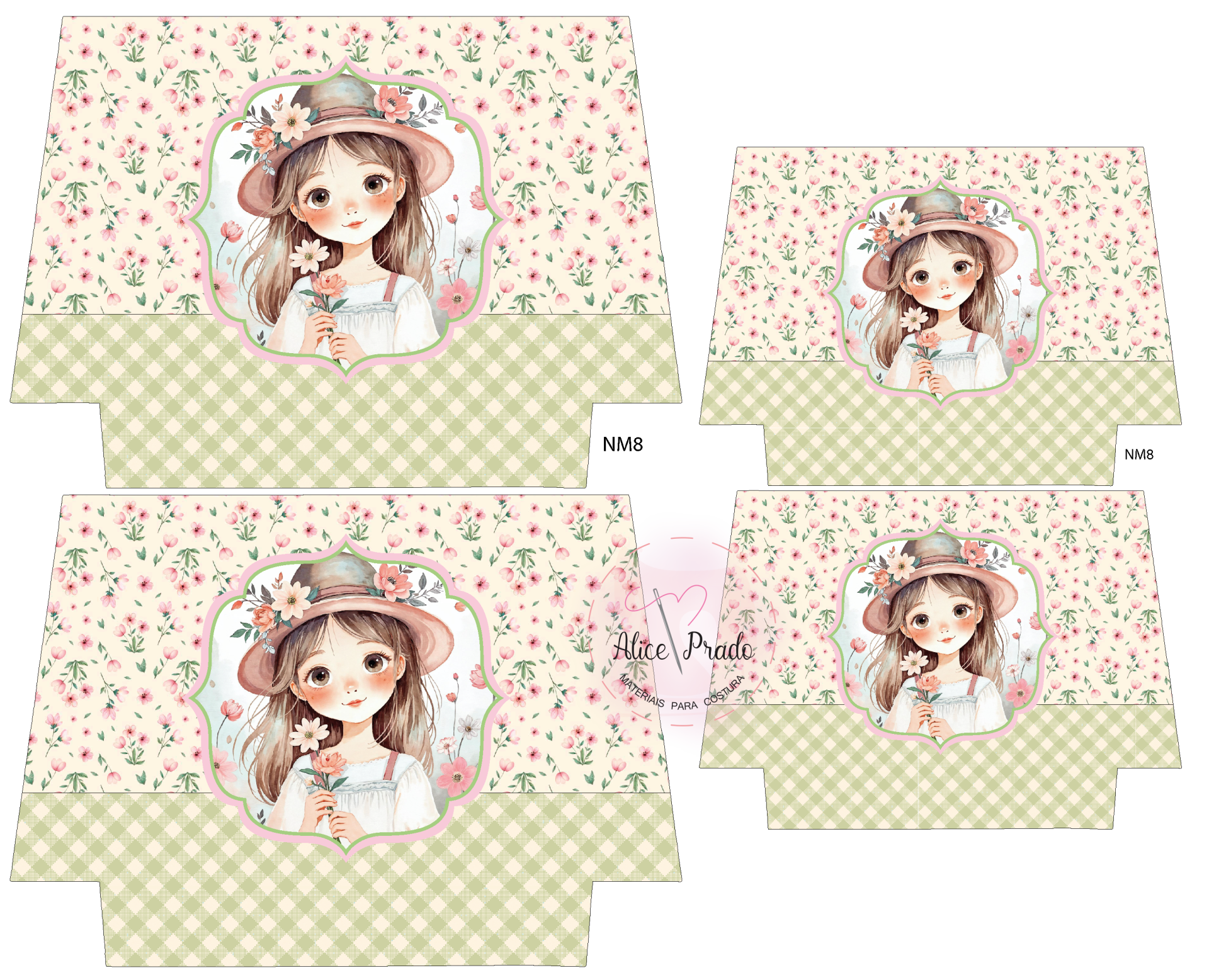 Papéis decorativos com flores e ilustração de menina em aquarela