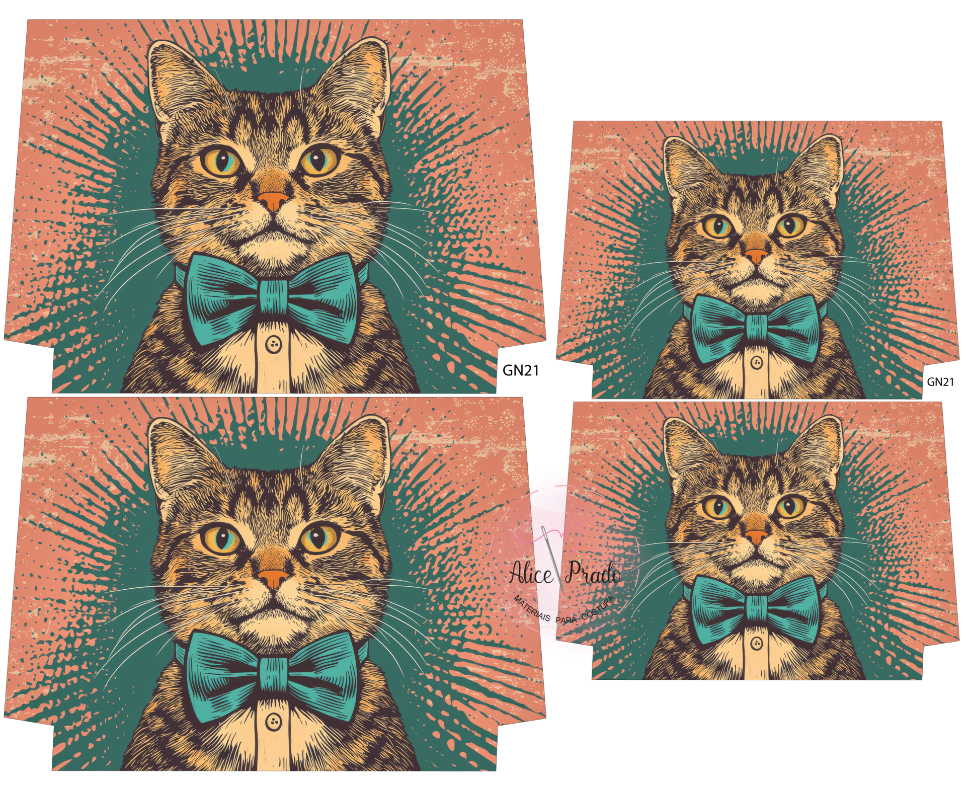 Estampas com gato de gravata em fundo verde e salmão