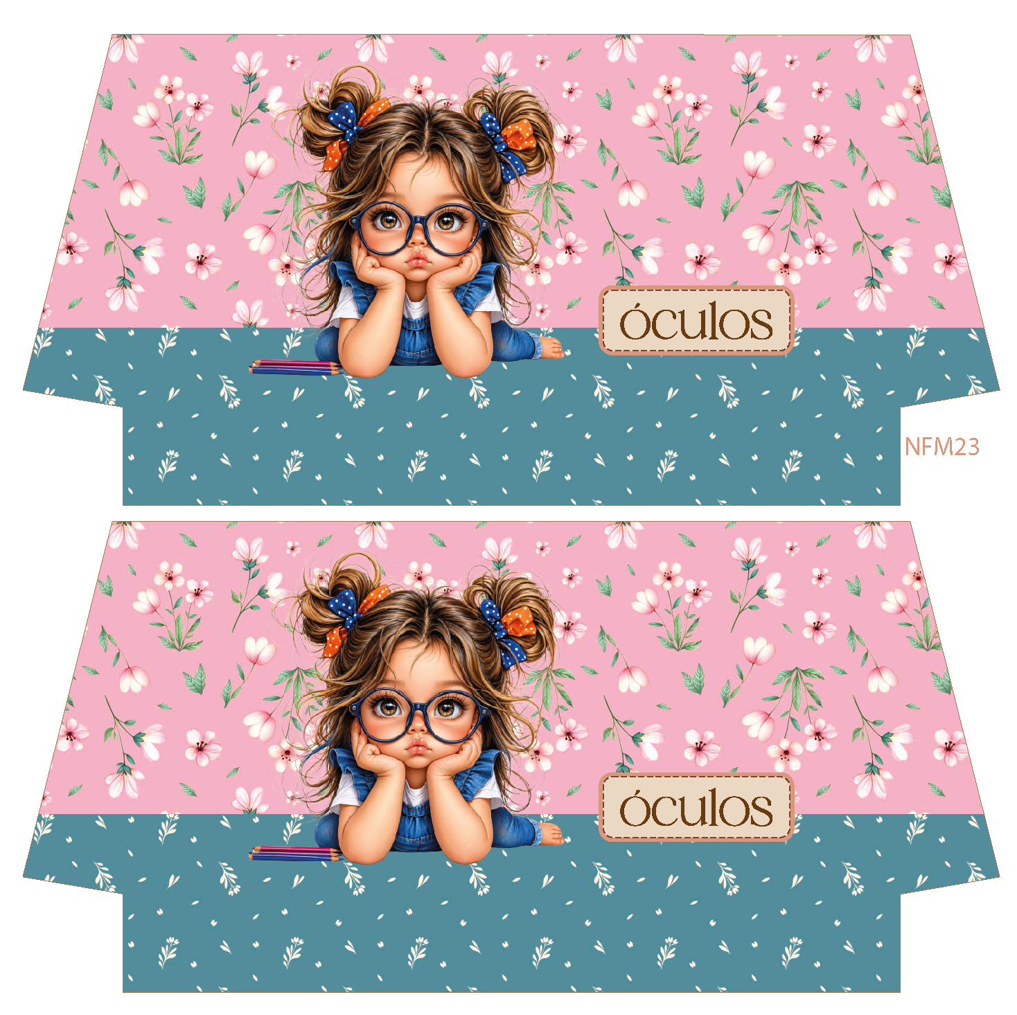Tecido ou embalagem com desenho de menina de óculos e flores e texto óculos.