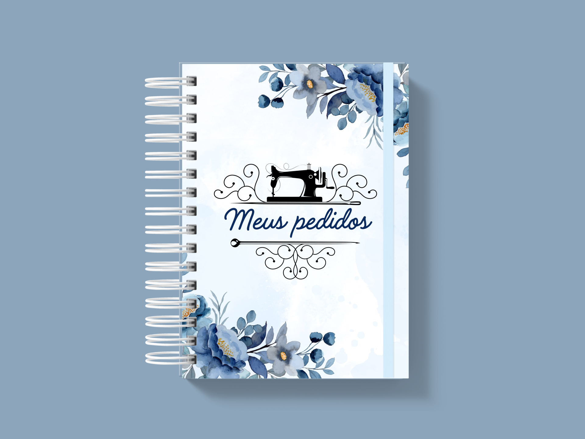 Caderno com capa floral azul e texto Meus pedidos