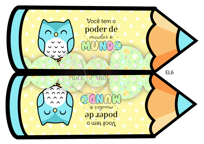 Marcadores de livros em forma de lápis com coruja azul e texto inspirador em português.