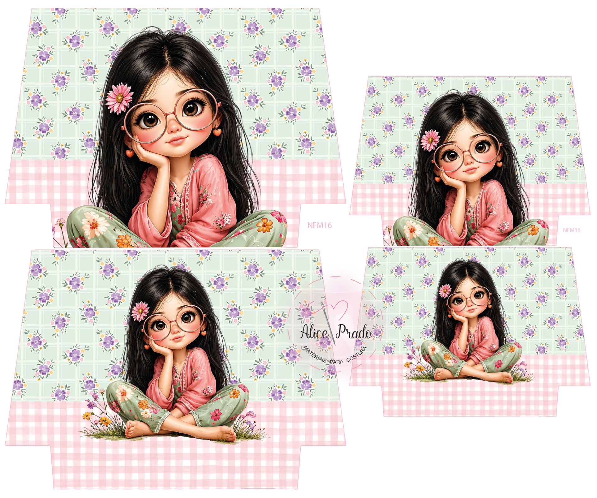 Embalagem com ilustração de menina com óculos e roupa florida sobre fundo xadrez e floral