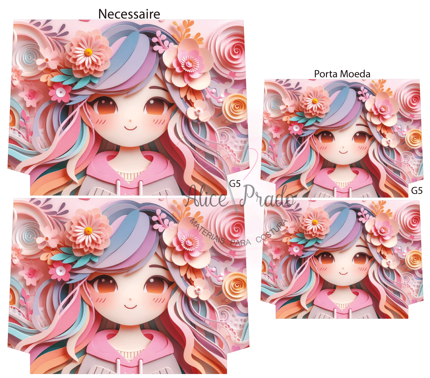 Produtos ilustrados com rapariga de cabelo colorido em tons pastel e flores em fundo claro