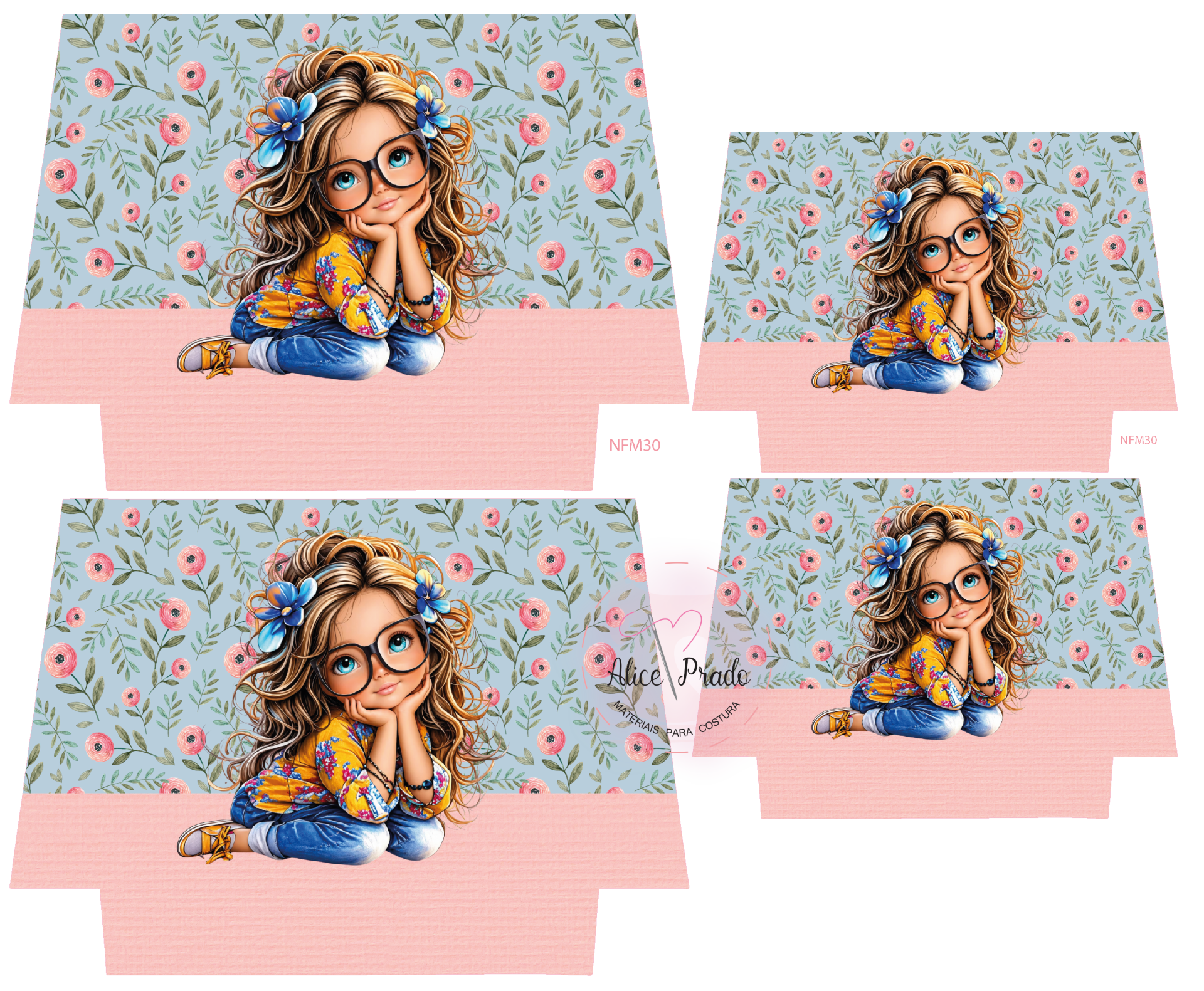 Papel decorativo com ilustração de menina e flores